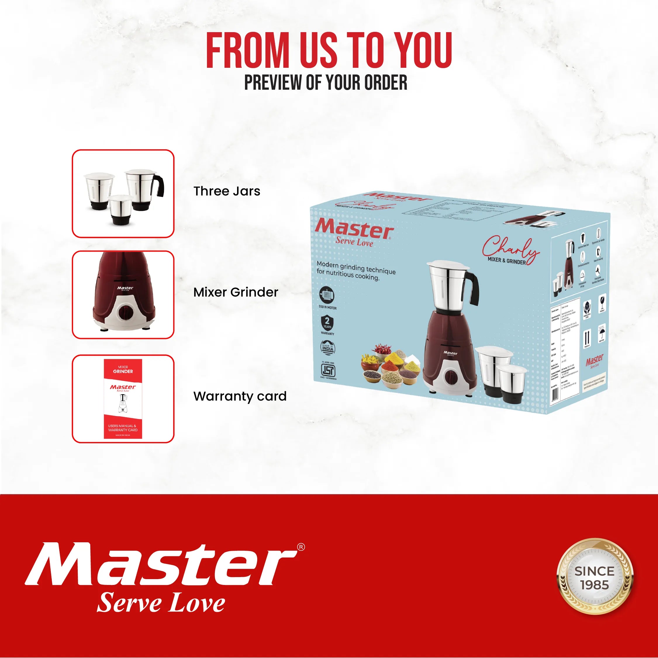 Charly 550W Mixer Grinder with 3 Jars & 3 Speed Modes - Master