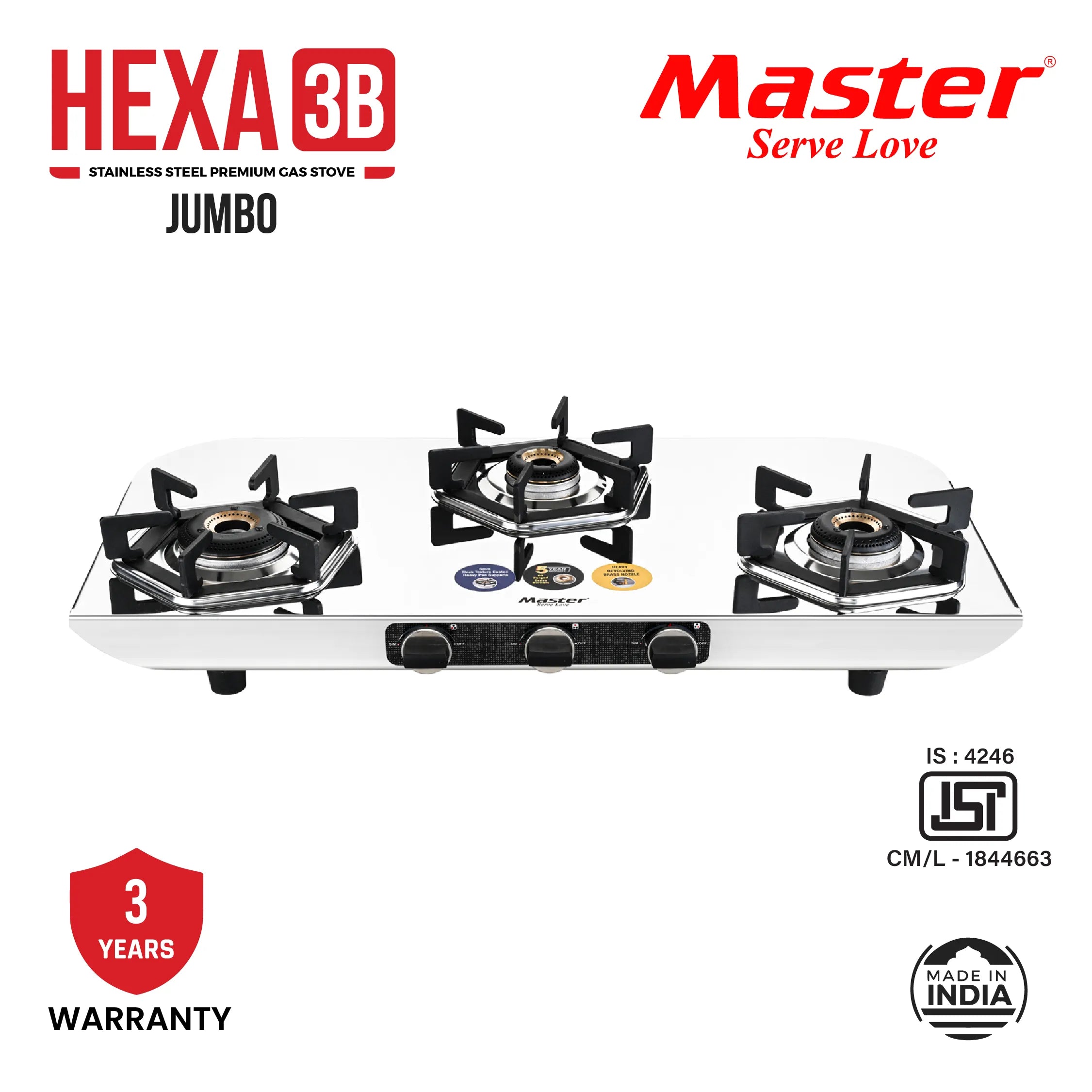 Hexa 3 Burner Jumbo Stainless Steel Gas Stove - Master