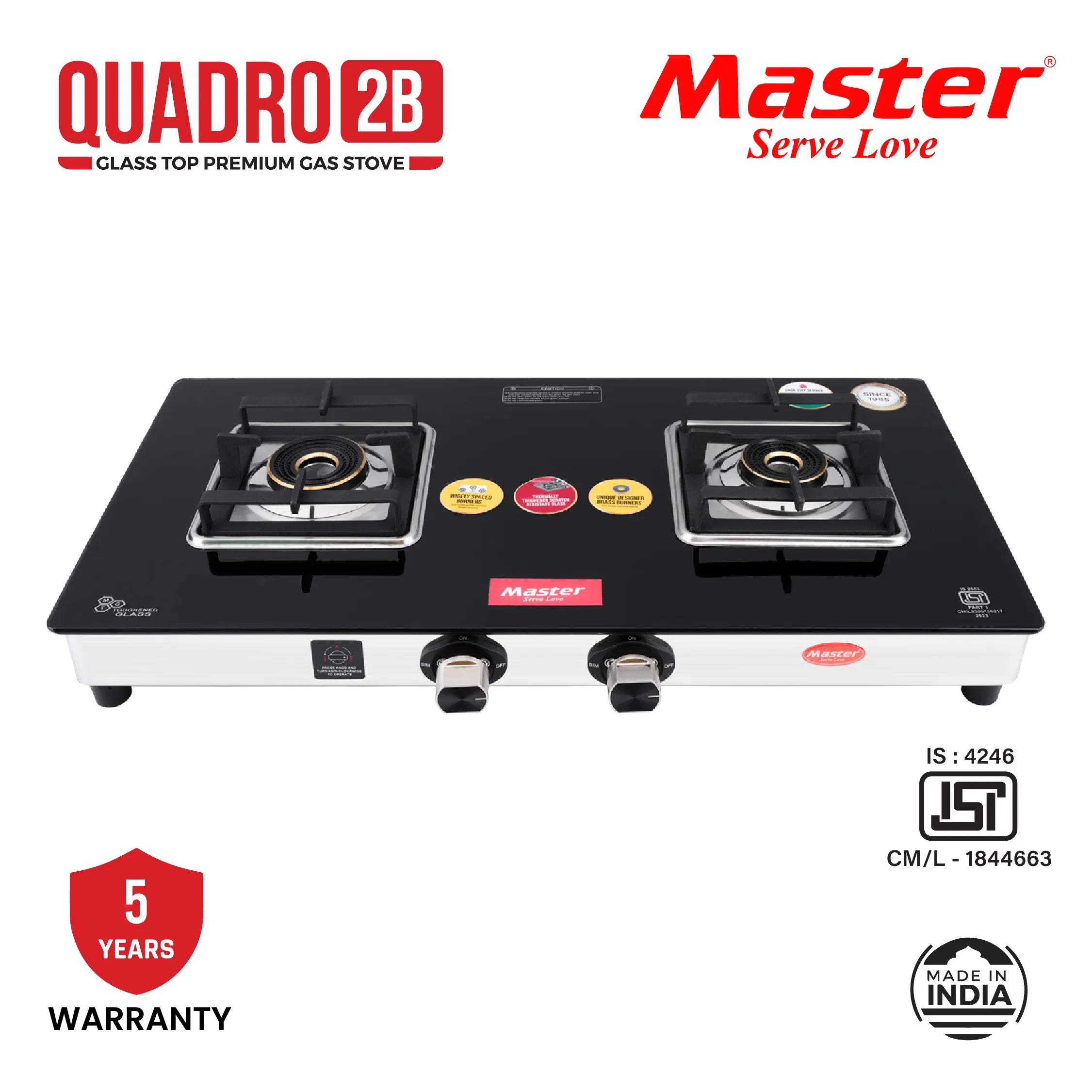 Quadro 2 Burner Glass Top Gas Stove - Master