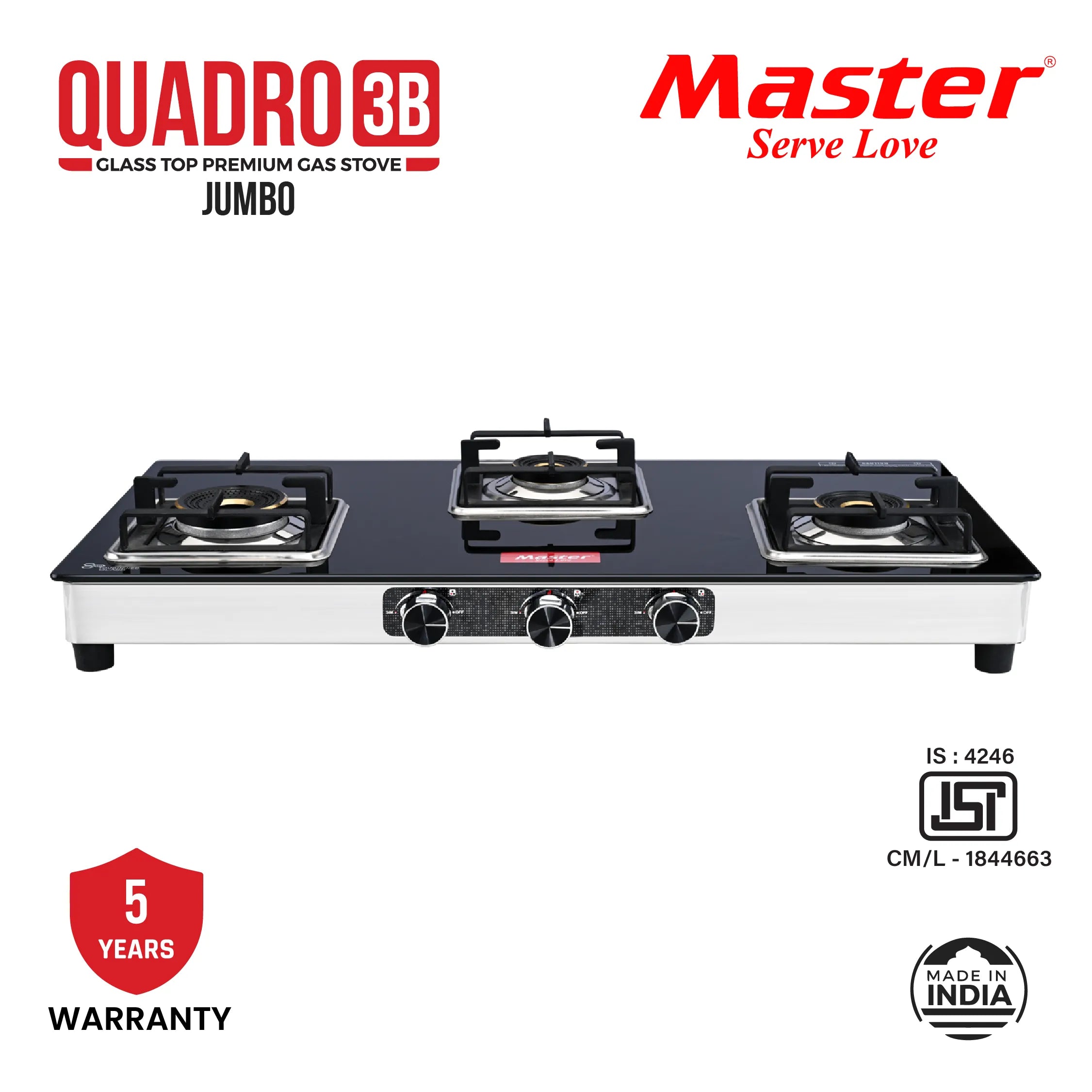 Quadro 3 Burner Jumbo Glass Top Gas Stove - Master