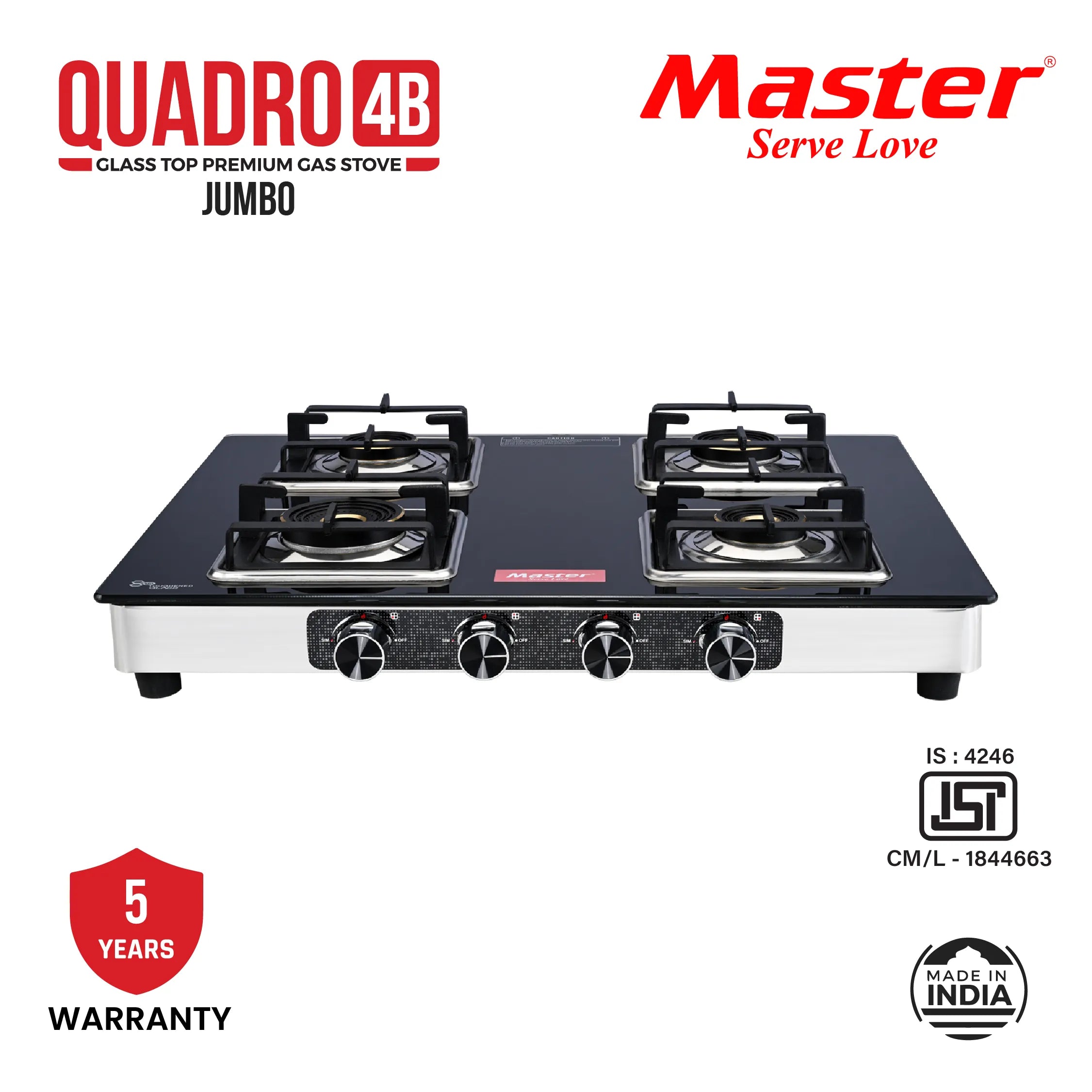 Quadro 4 Burner Jumbo Glass Top Gas Stove - Master