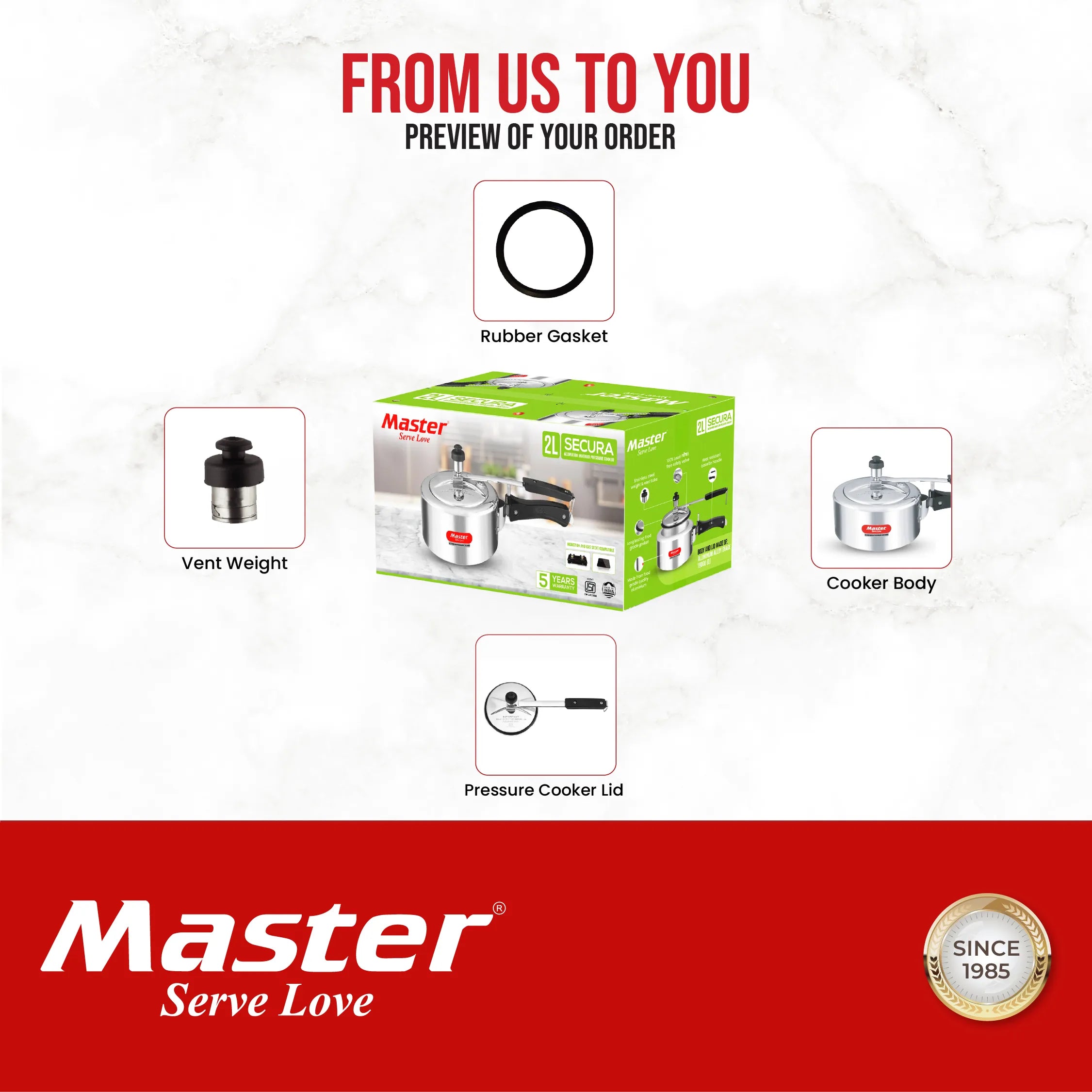 Secura 2L Aluminium Inner Lid Pressure Cooker - Induction Base - Master