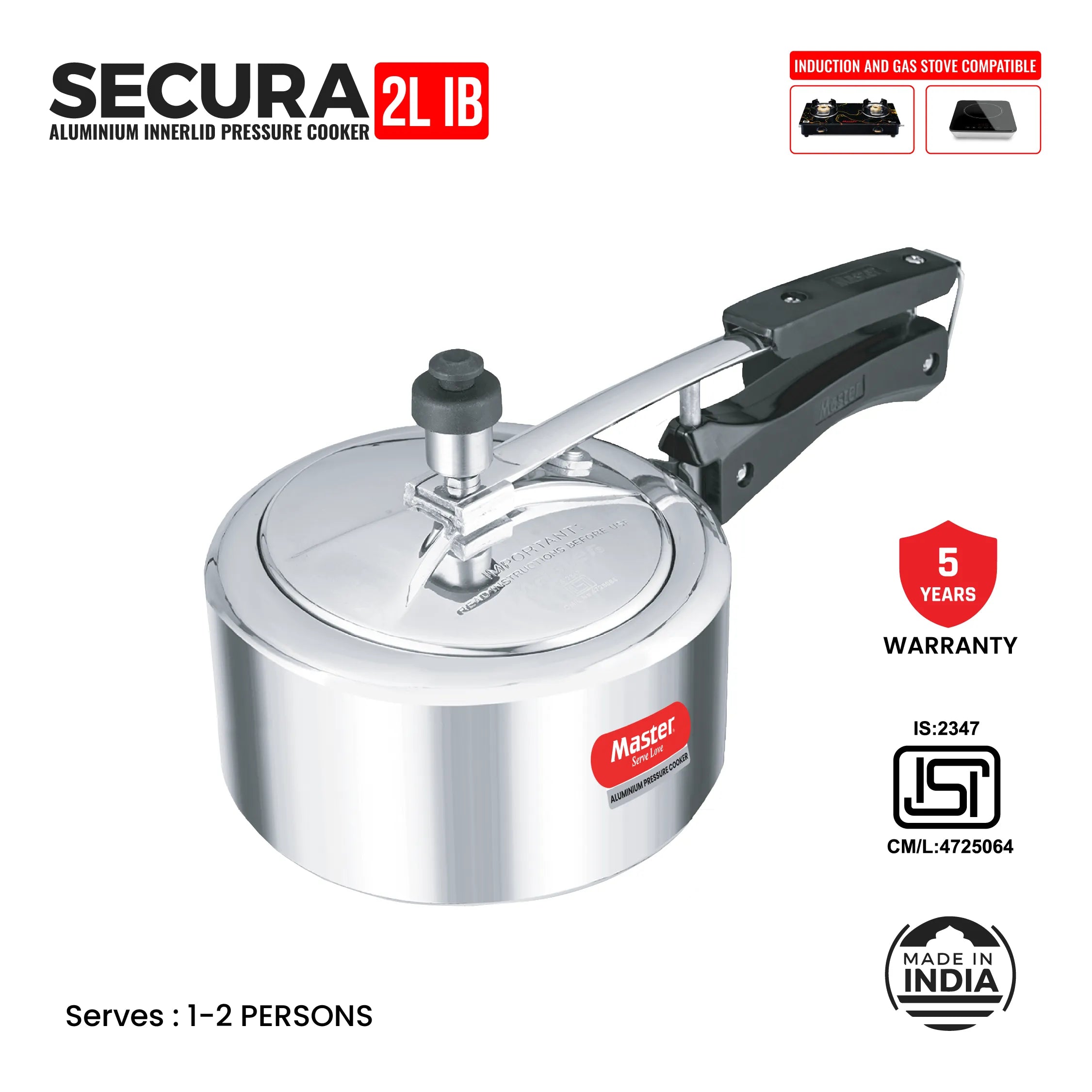 Secura 2L Aluminium Inner Lid Pressure Cooker - Induction Base - Master