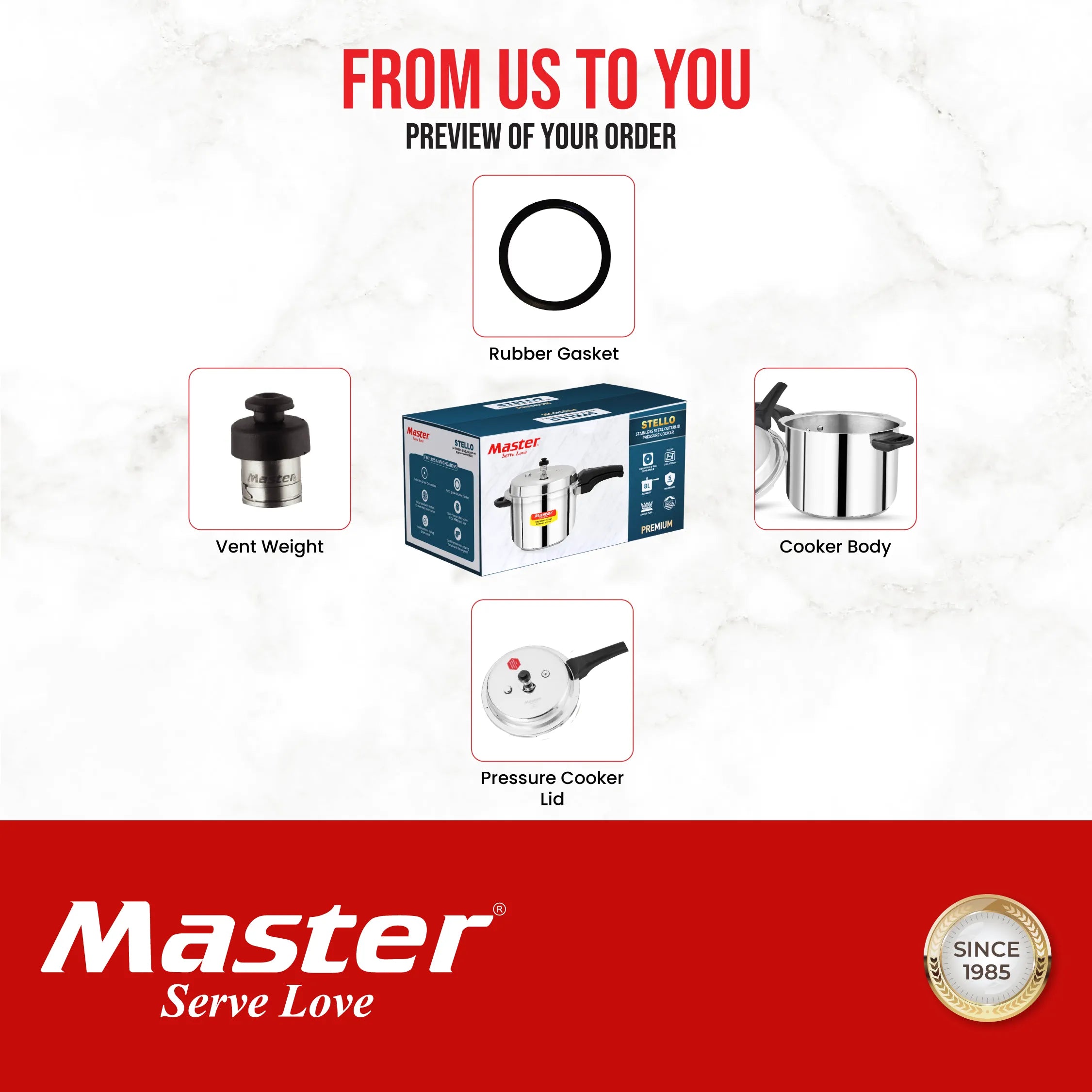 Stello 8L Stainless Steel Outer Lid Pressure Cooker - Induction Base - Master