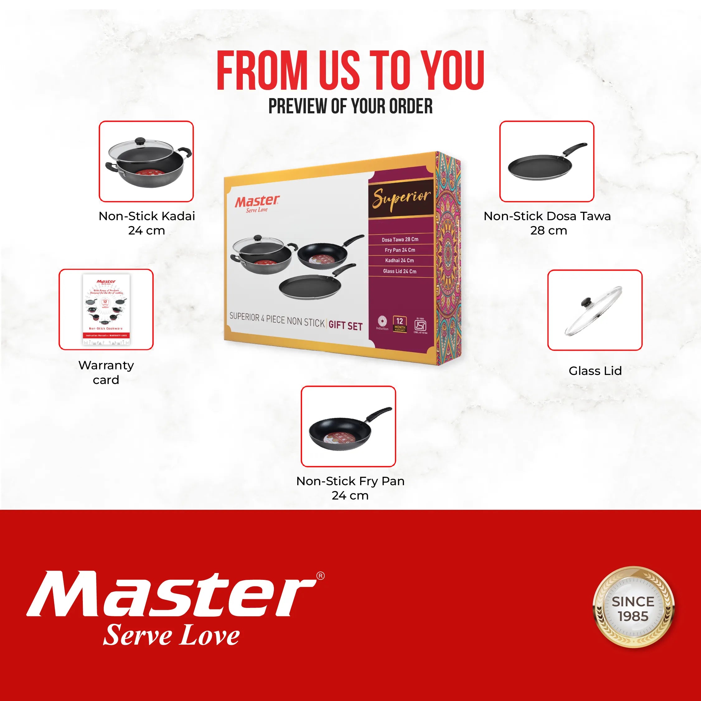 Superior Gift Set (4 pcs) - Dosa Tawa 28cm + Fry pan 24cm + Kadhai 24cm + Glass Lid - Induction Base - Master