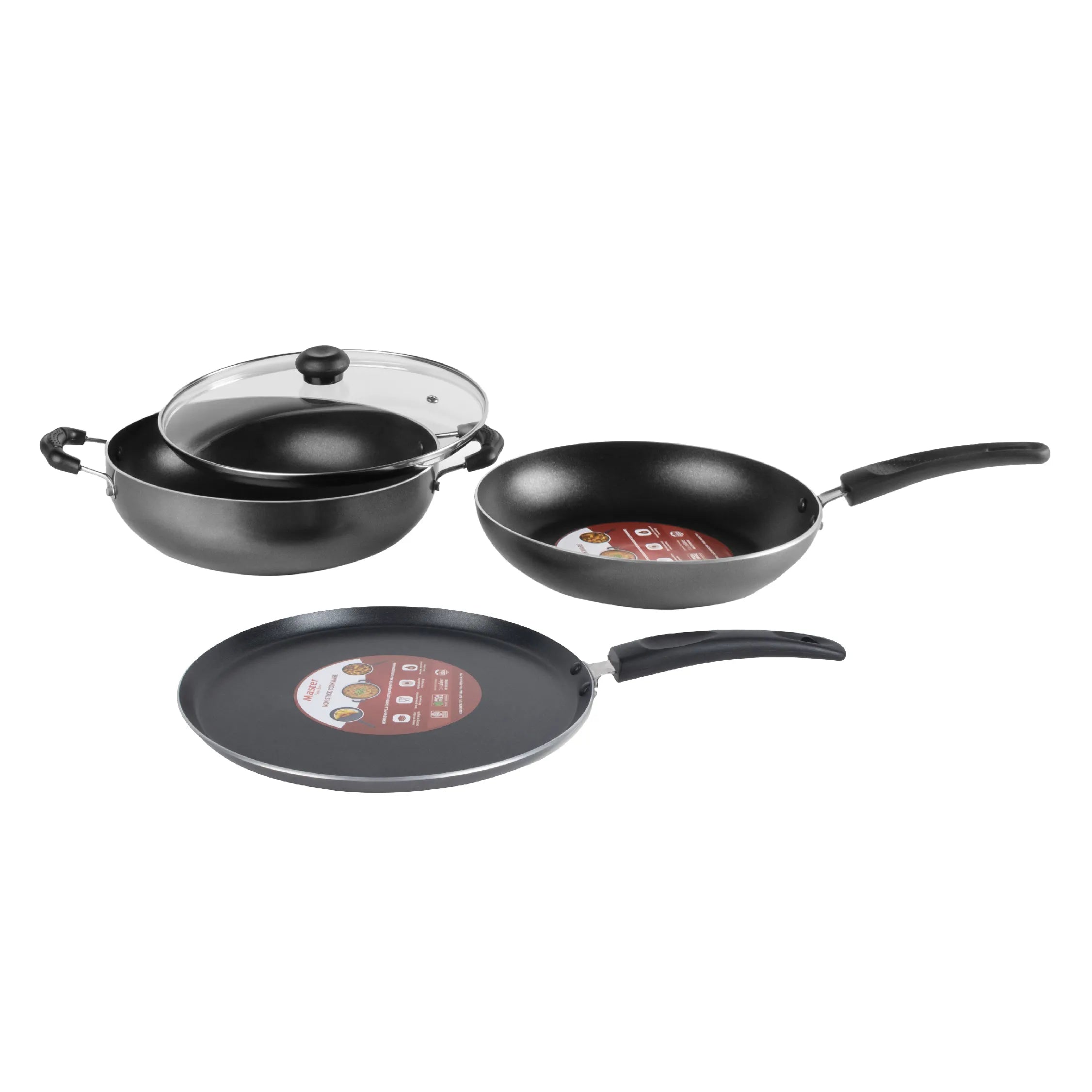 Superior Gift Set (4 pcs) - Dosa Tawa 28cm + Fry pan 24cm + Kadhai 24cm + Glass Lid - Induction Base - Master