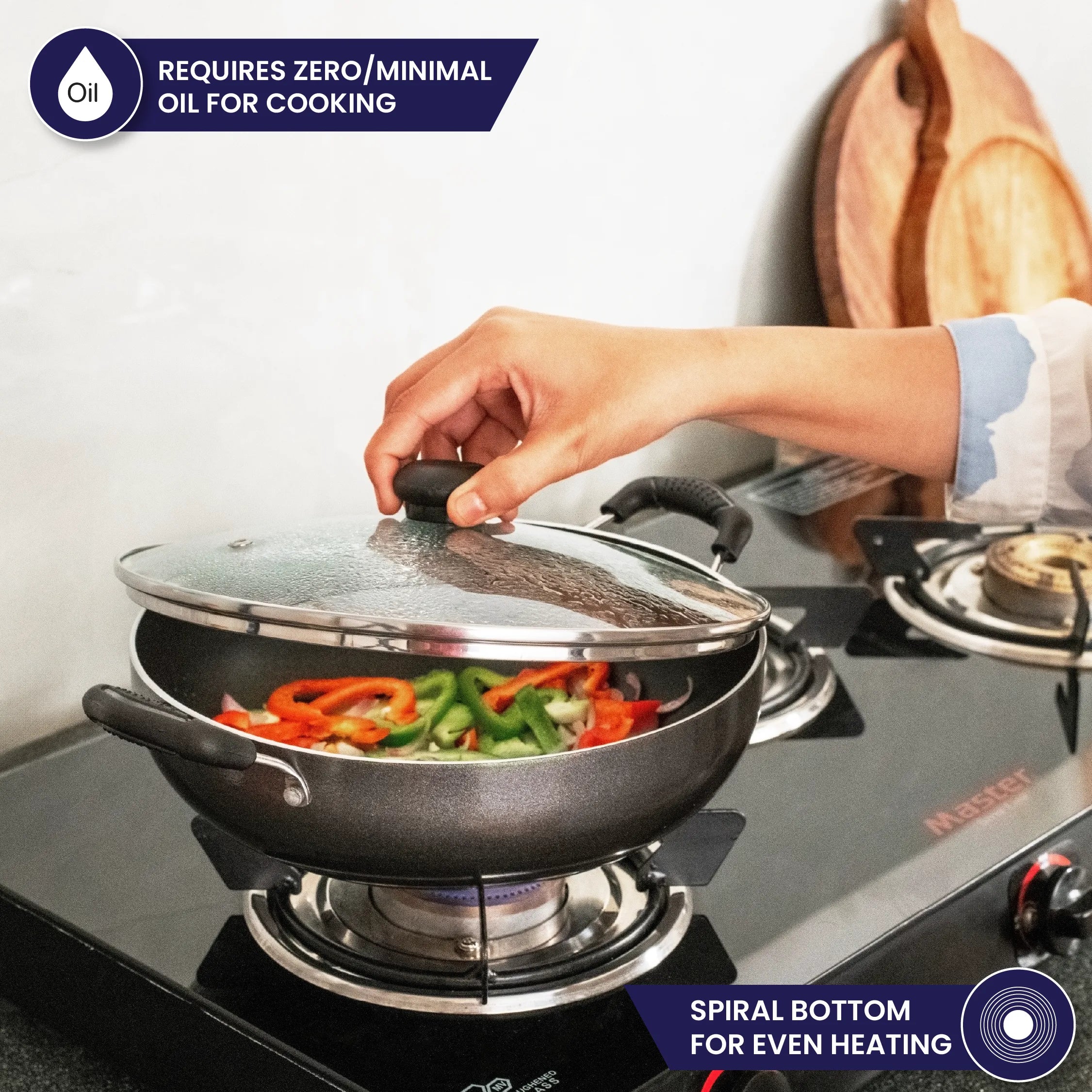 Superior Gift Set (4 pcs) - Dosa Tawa 28cm + Fry pan 24cm + Kadhai 24cm + Glass Lid - Induction Base - Master