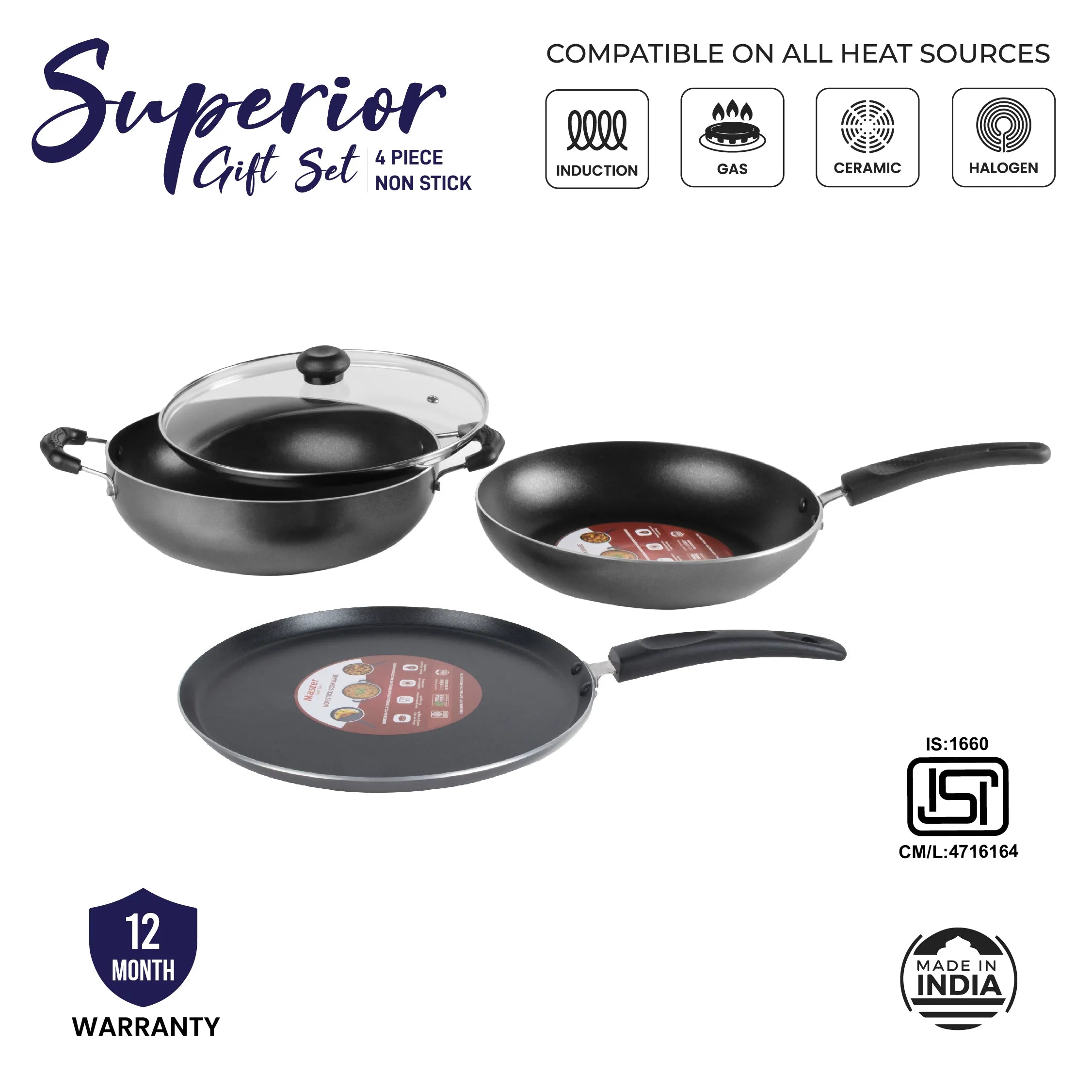 Superior Gift Set (4 pcs) - Dosa Tawa 28cm + Fry pan 24cm + Kadhai 24cm + Glass Lid - Induction Base - Master