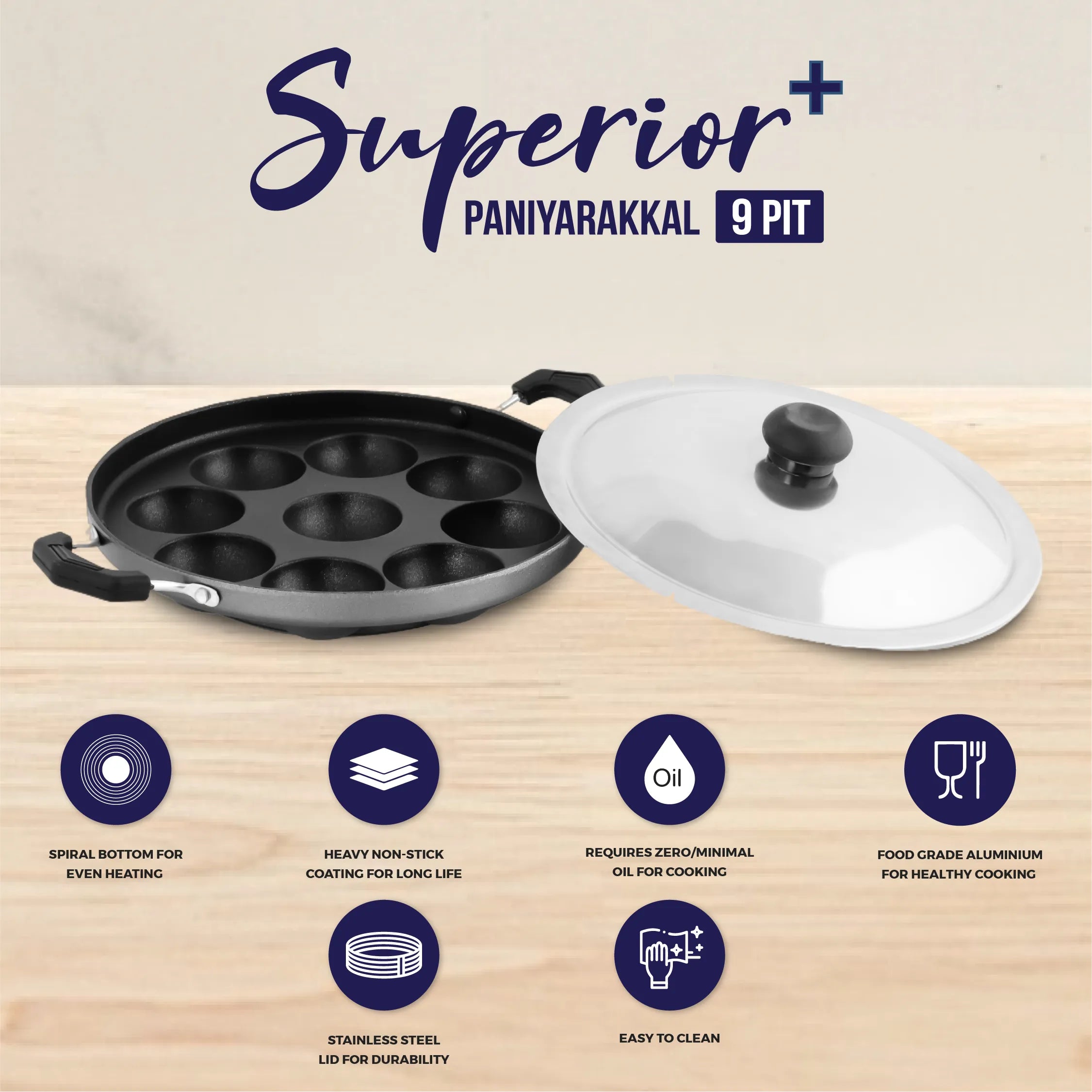 Superior Plus 9 Pit Paniyarakkal with Stainless Steel Lid - Master