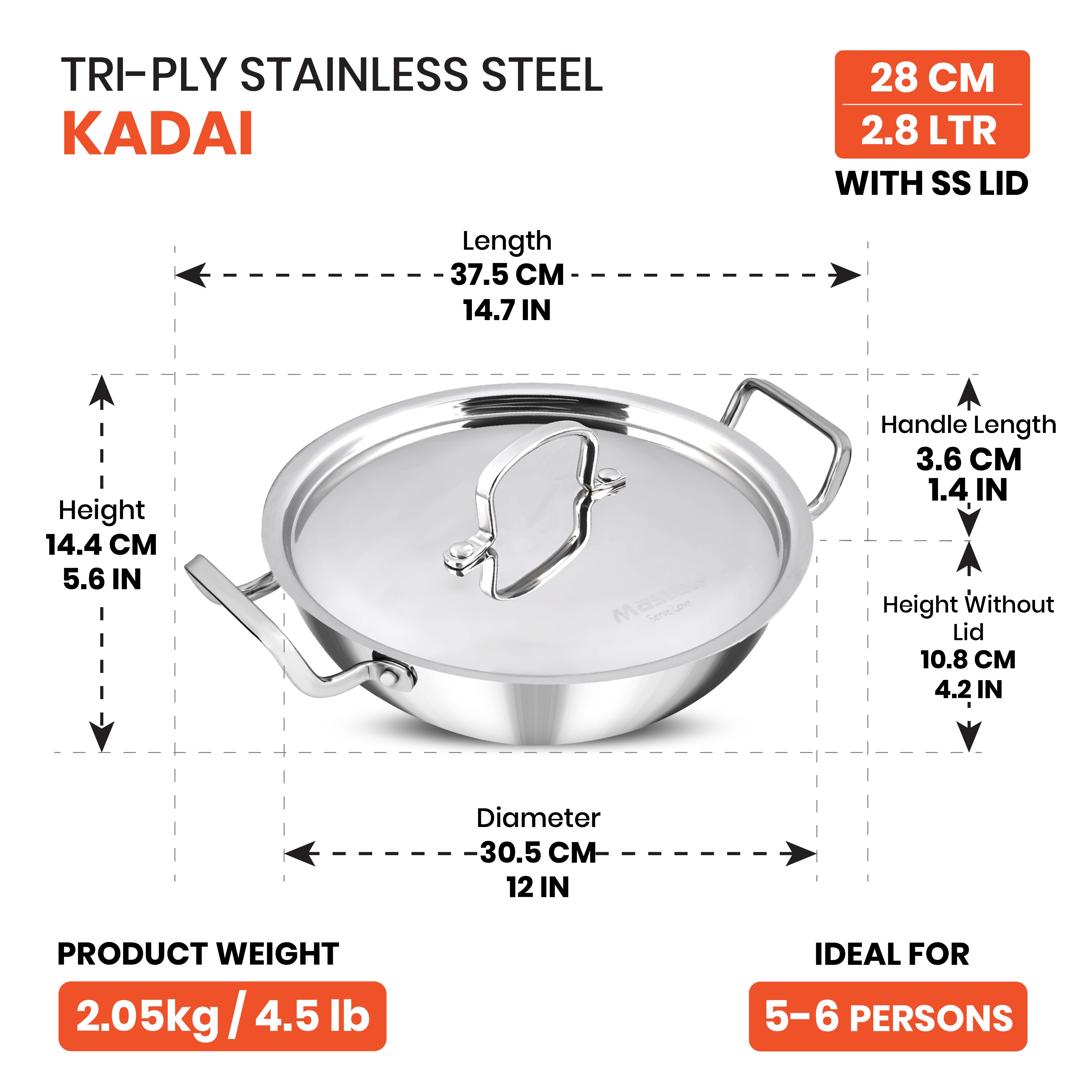 Titan 28cm Kadai with Steel Lid - Master