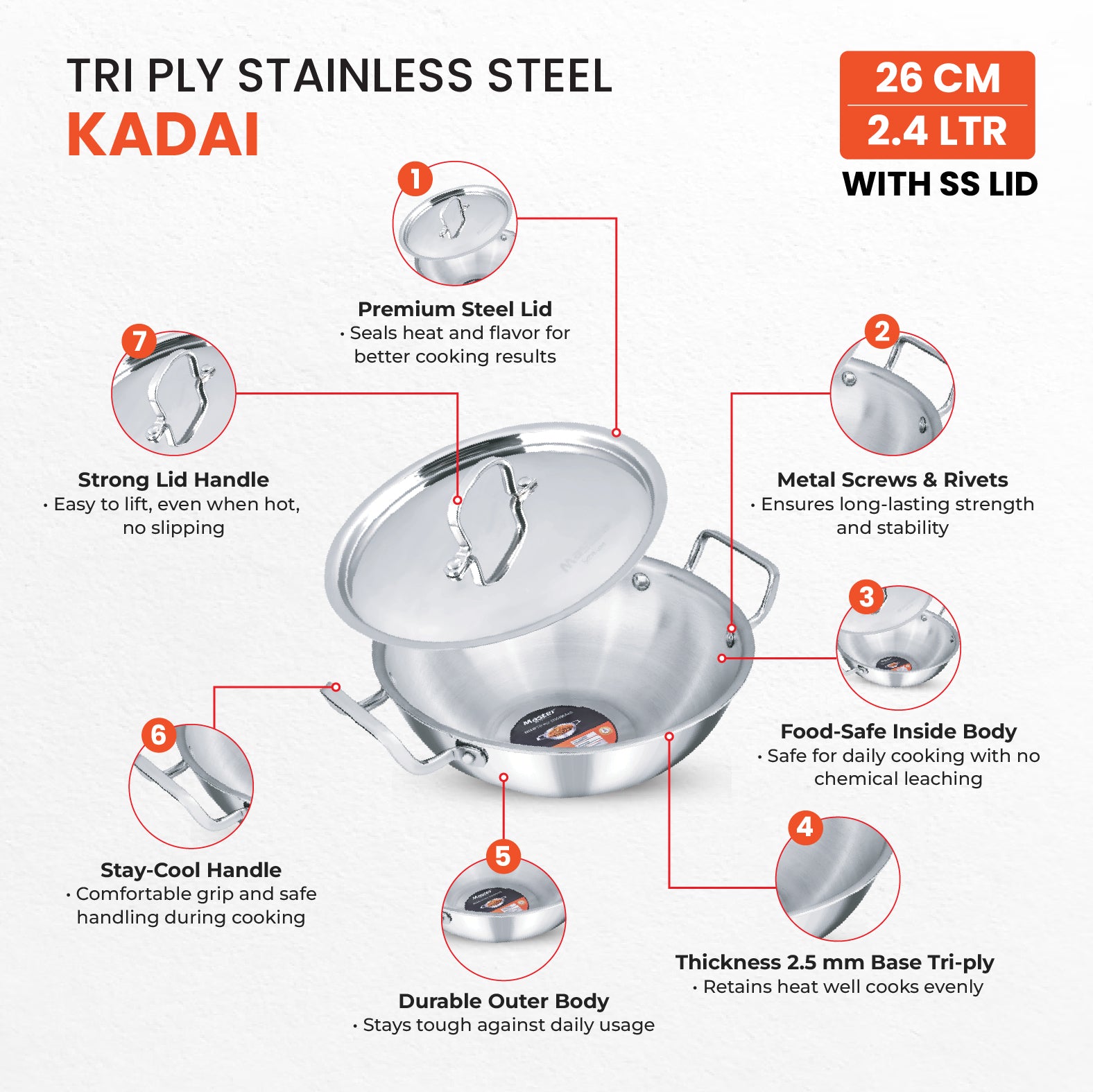 Titan 26cm Kadai with Steel Lid - Master