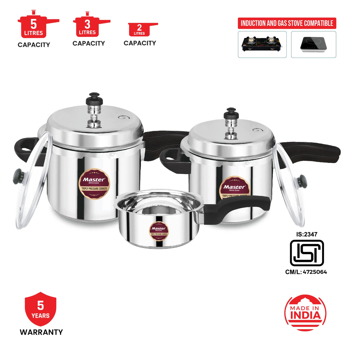 Trinamo Triplica Combo - 5L + 3L + 2L Pan - Induction Base - Master