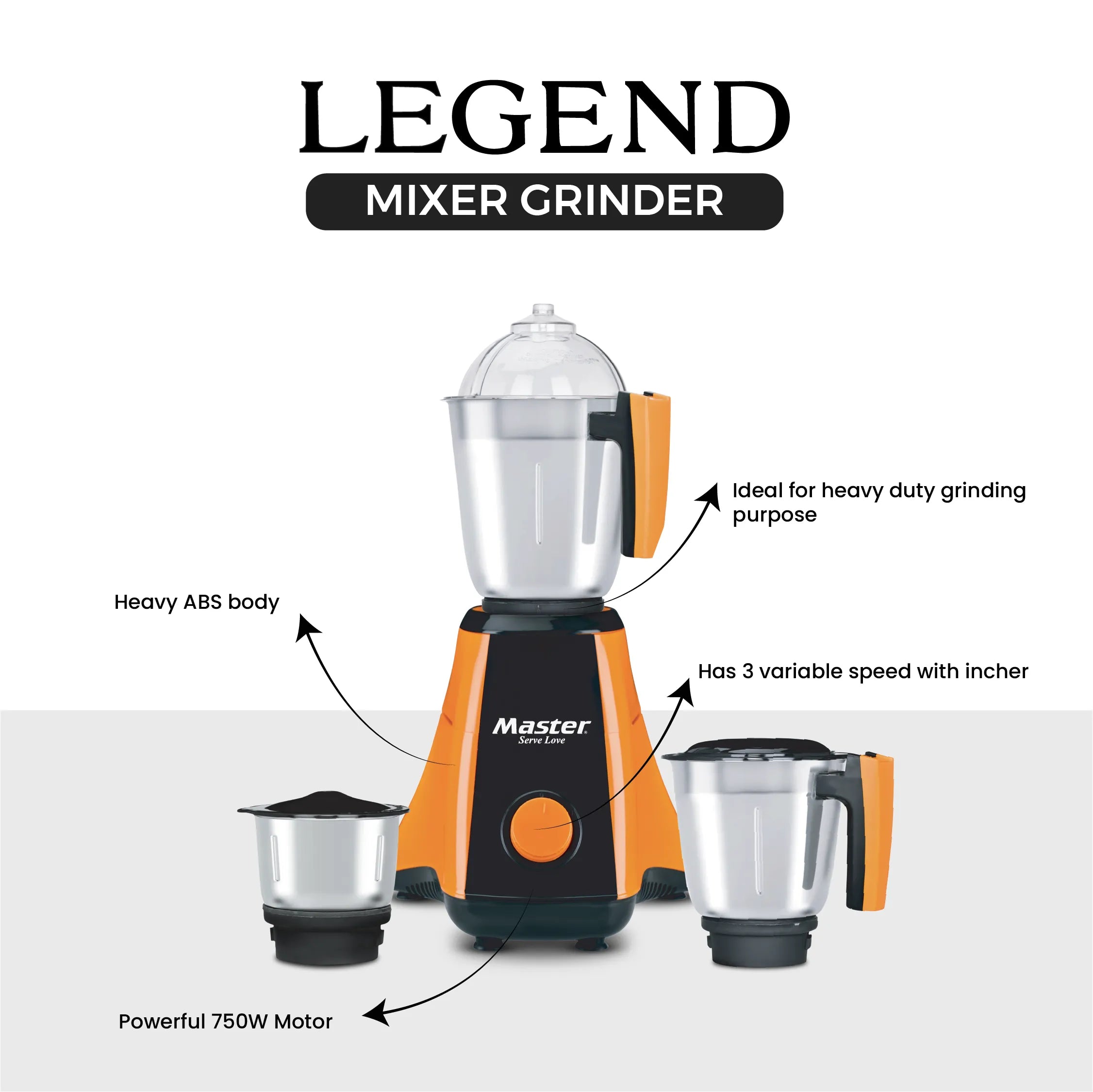 Legend 750W Mixer Grinder with 3 Jars & 3 Speed Modes - Master