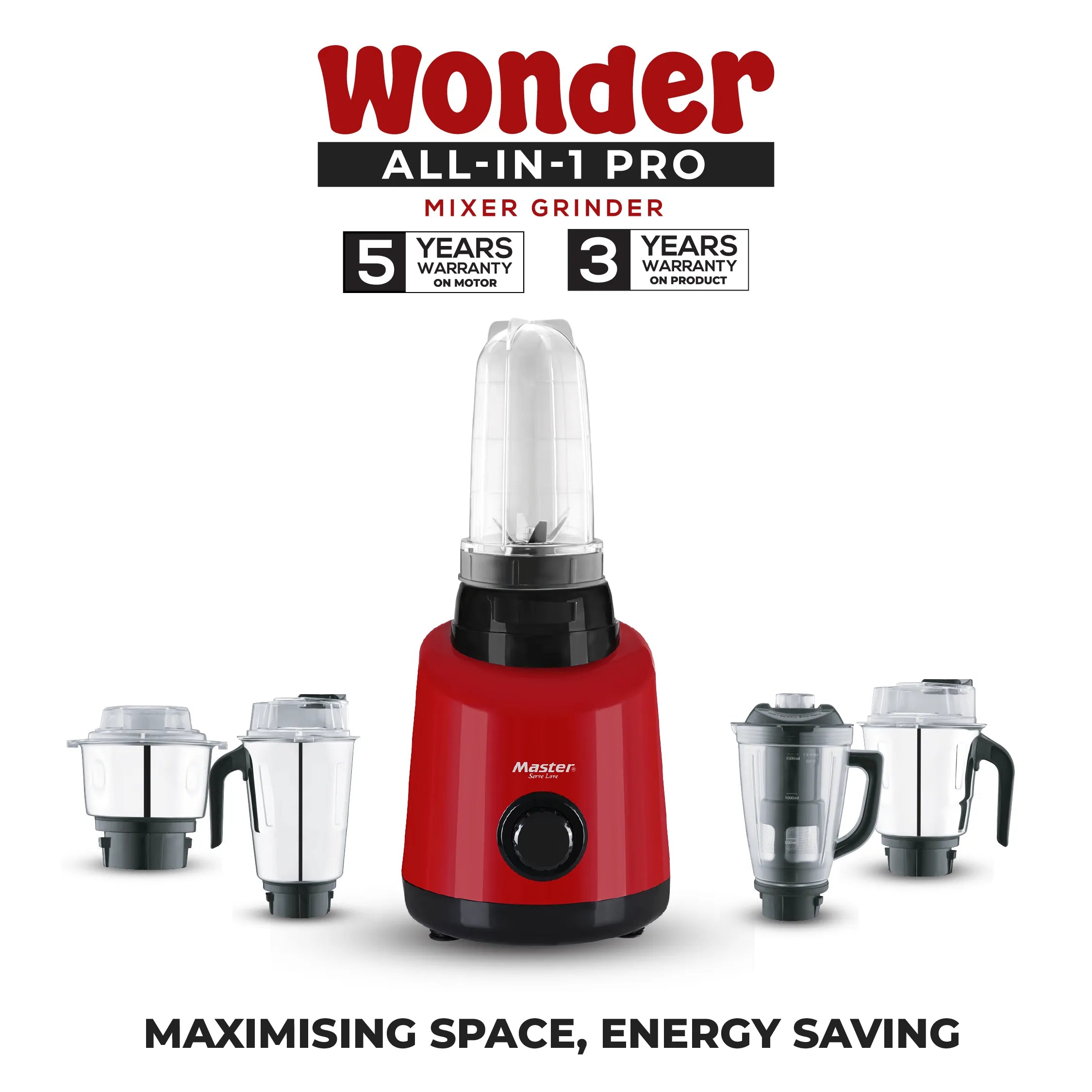 Wonder 850 W Mixer Grinder with 5 Jars (Red) - Master