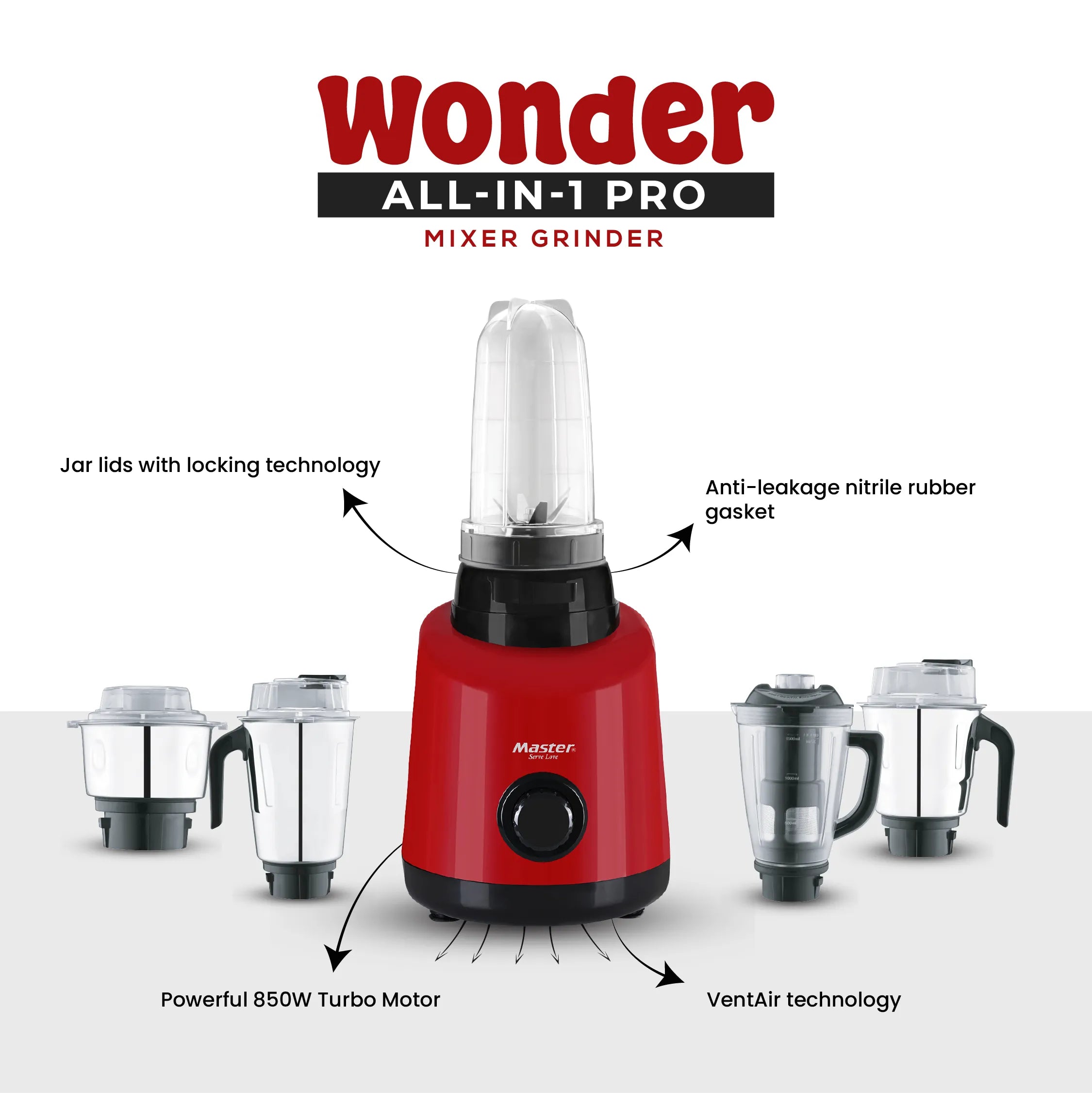 Wonder 850 W Mixer Grinder with 5 Jars (Red) - Master