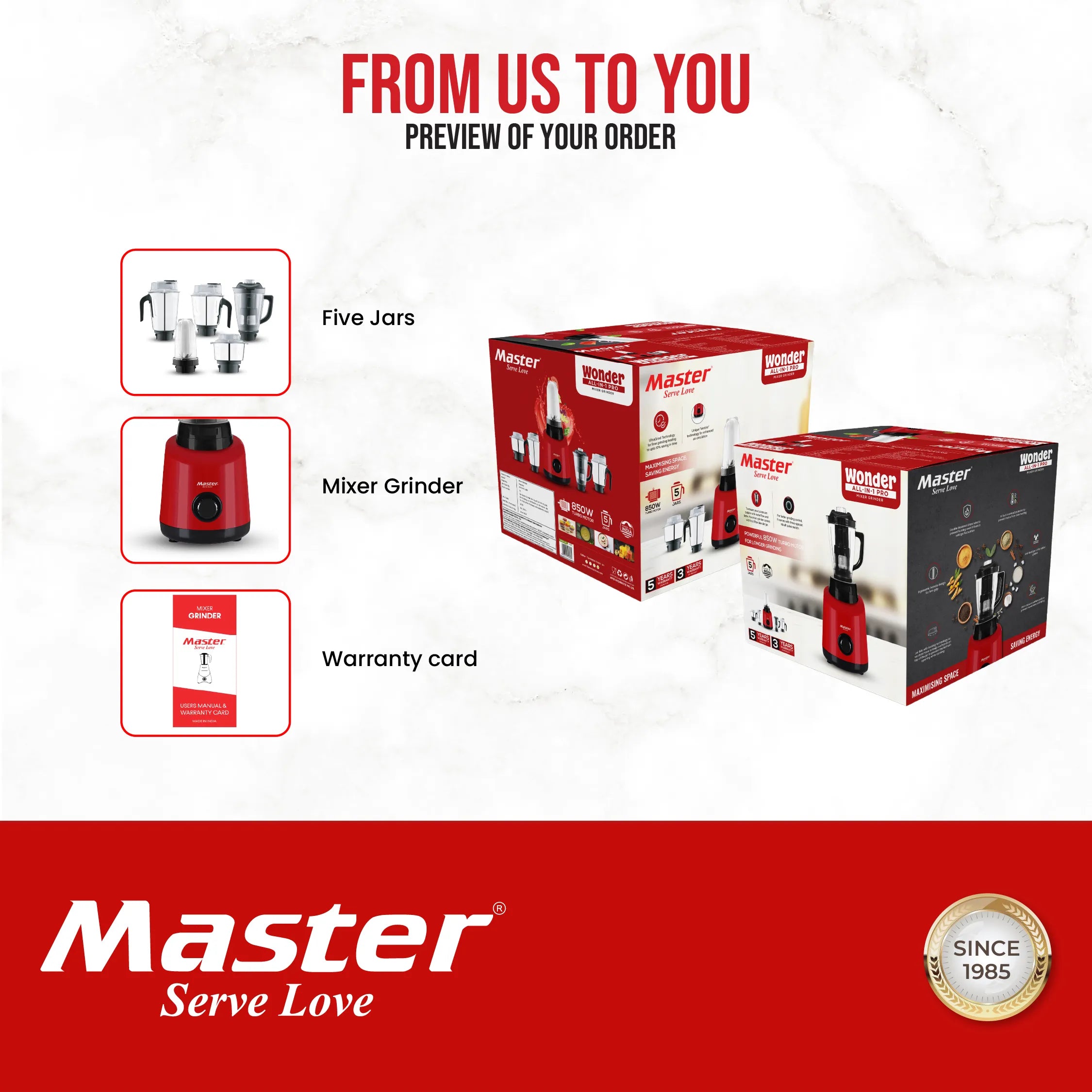 Wonder 850 W Mixer Grinder with 5 Jars (Red) - Master