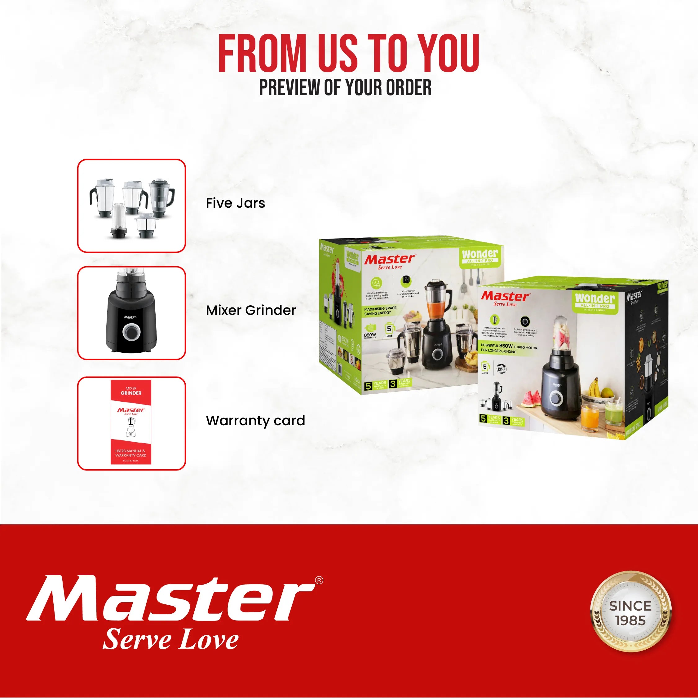 Wonder 850 W Mixer Grinder with 5 Jars (Grey) - Master