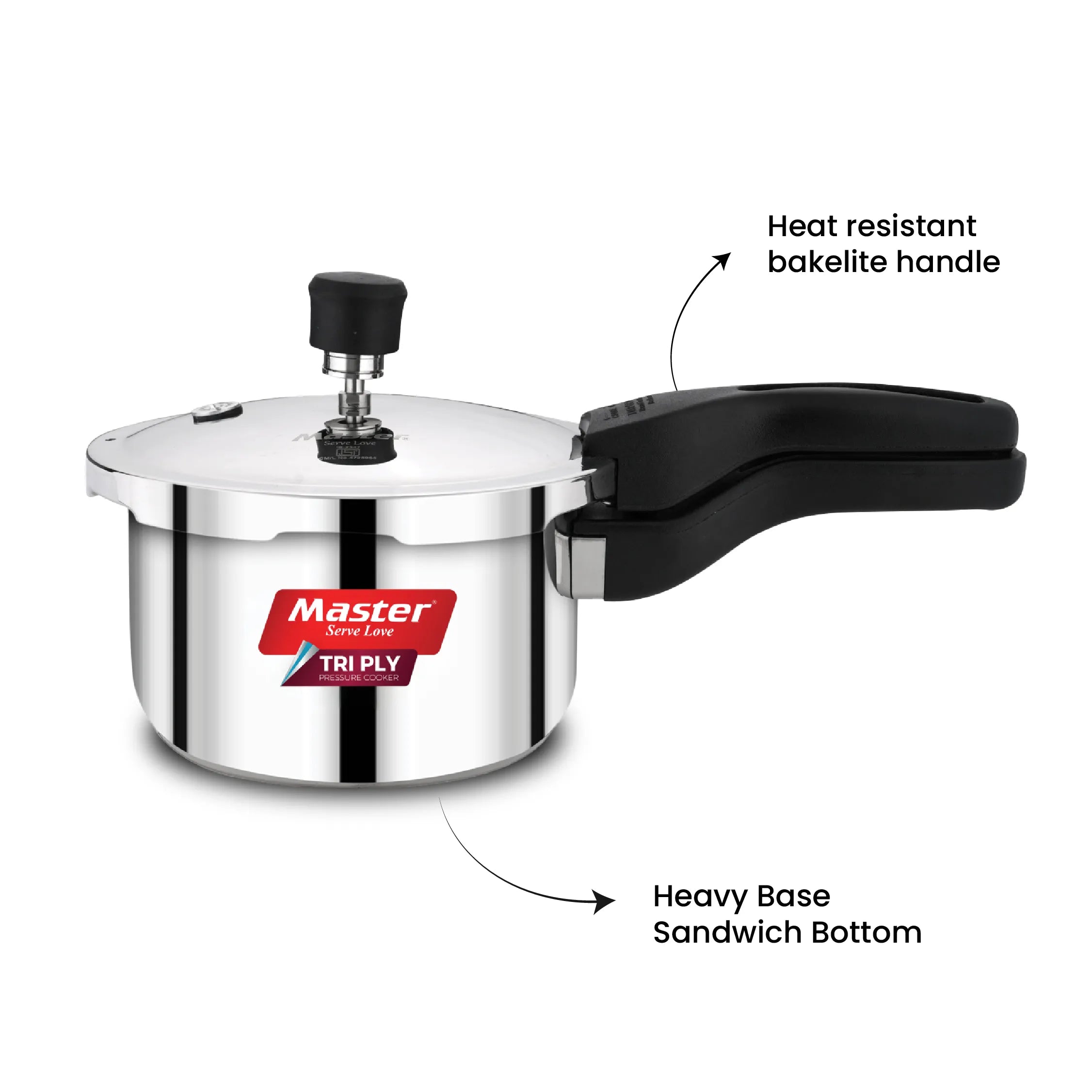 Nova 1.5L Tri Ply Flat Outer Lid Pressure Cooker - Induction Base - Master