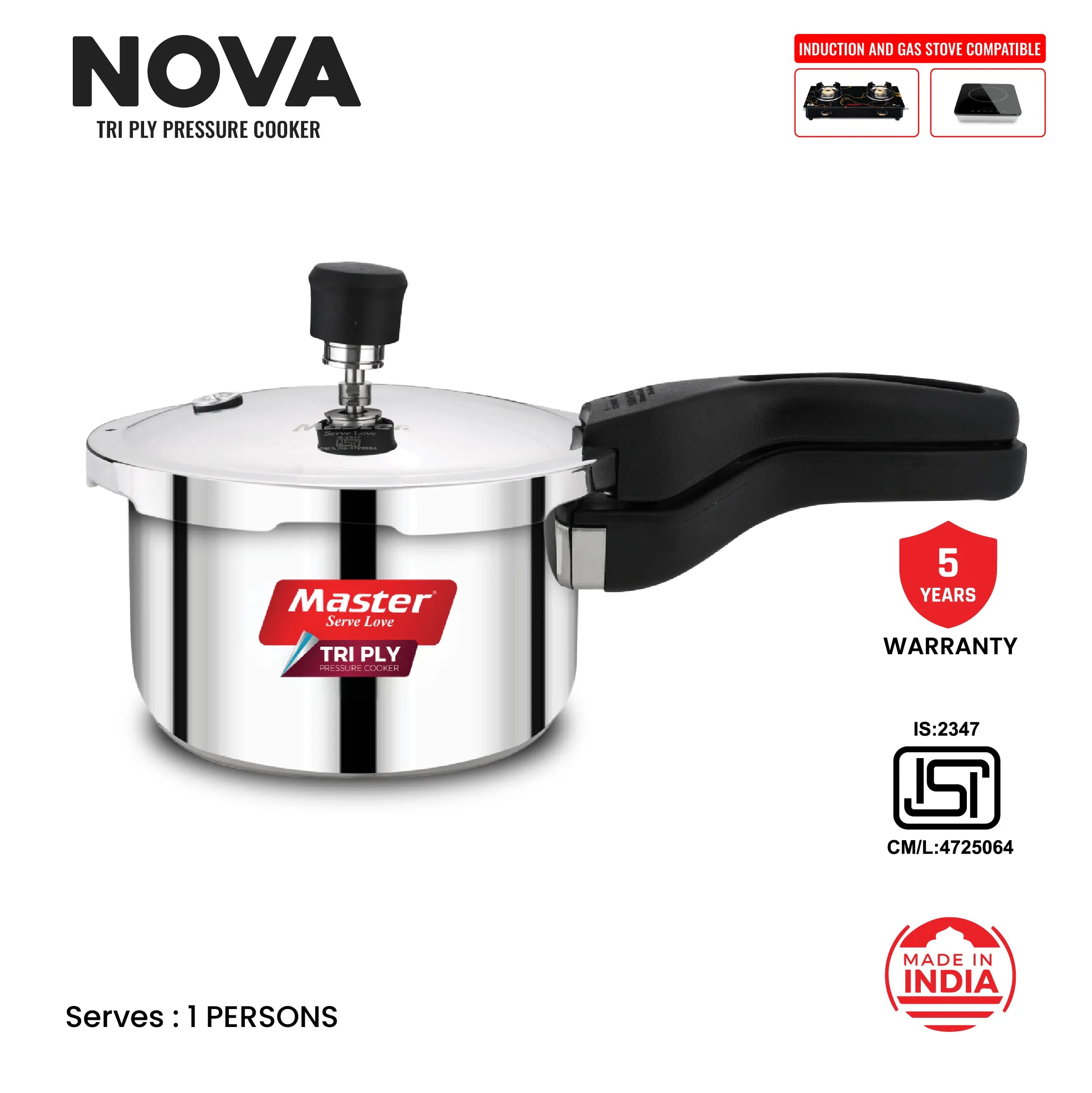 Nova 1.5L Tri Ply Flat Outer Lid Pressure Cooker - Induction Base - Master