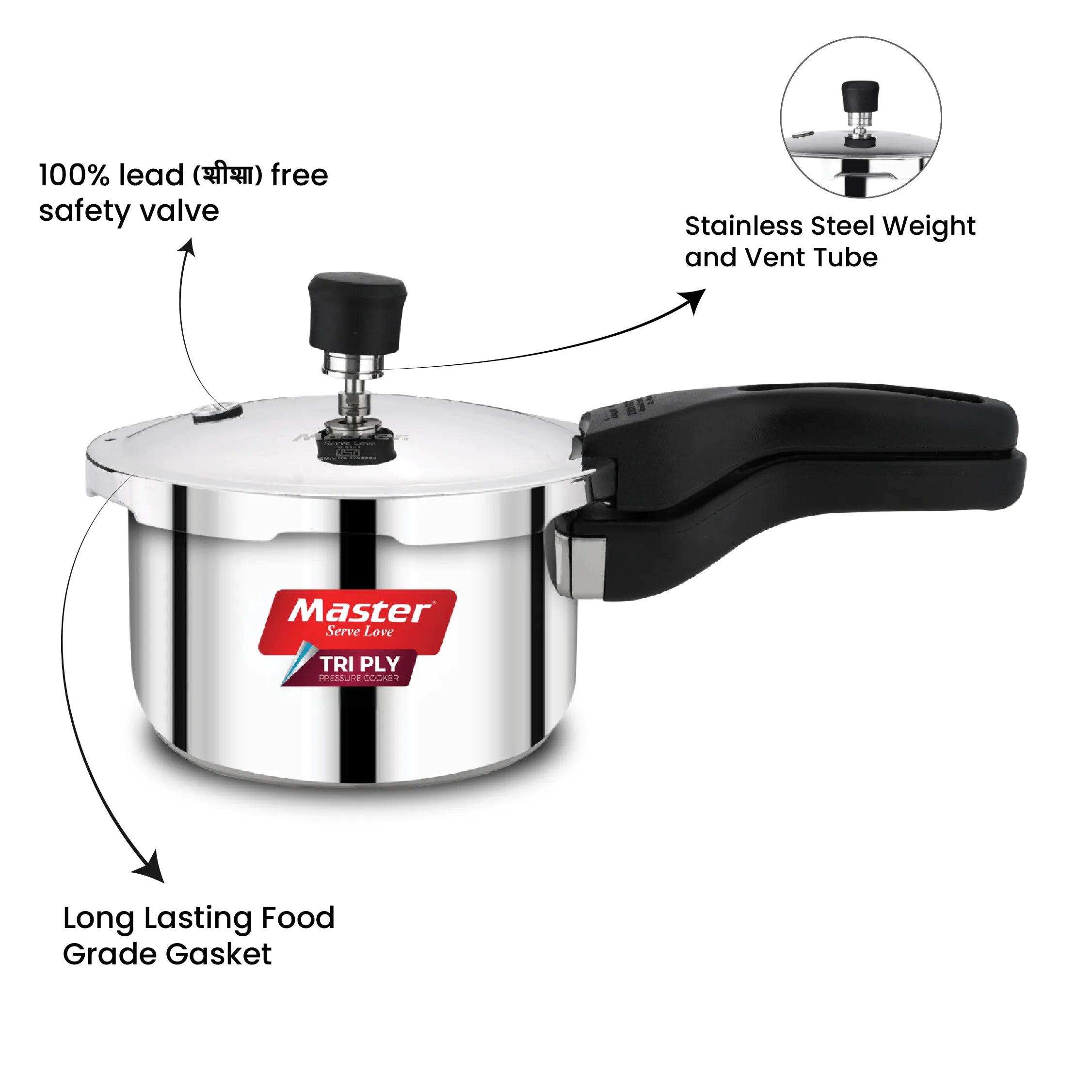 Nova 1.5L Tri Ply Flat Outer Lid Pressure Cooker - Induction Base - Master