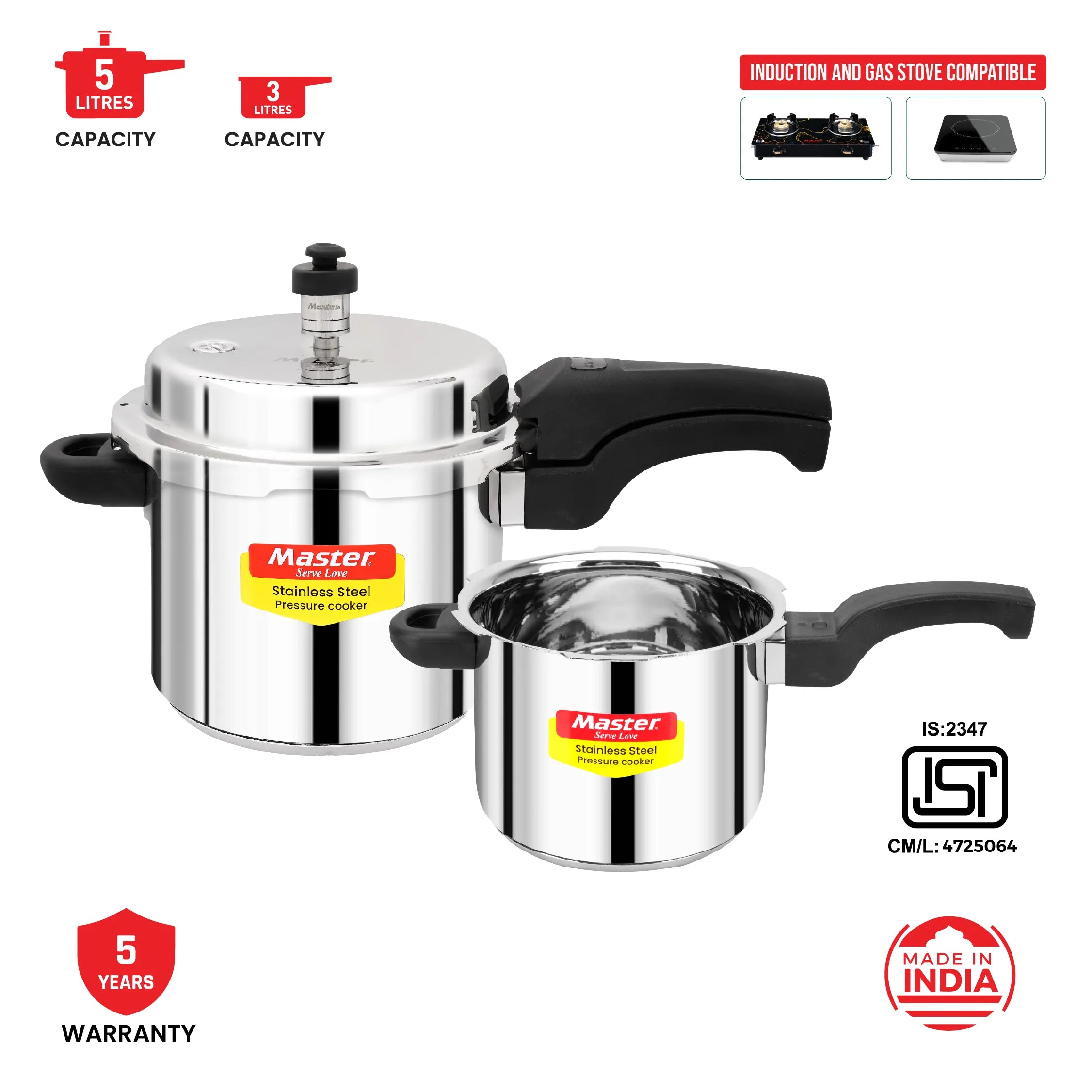 Smart Stainless Steel Outer Lid Pressure Cooker Combo - 5L + Junior Pan - Induction Base