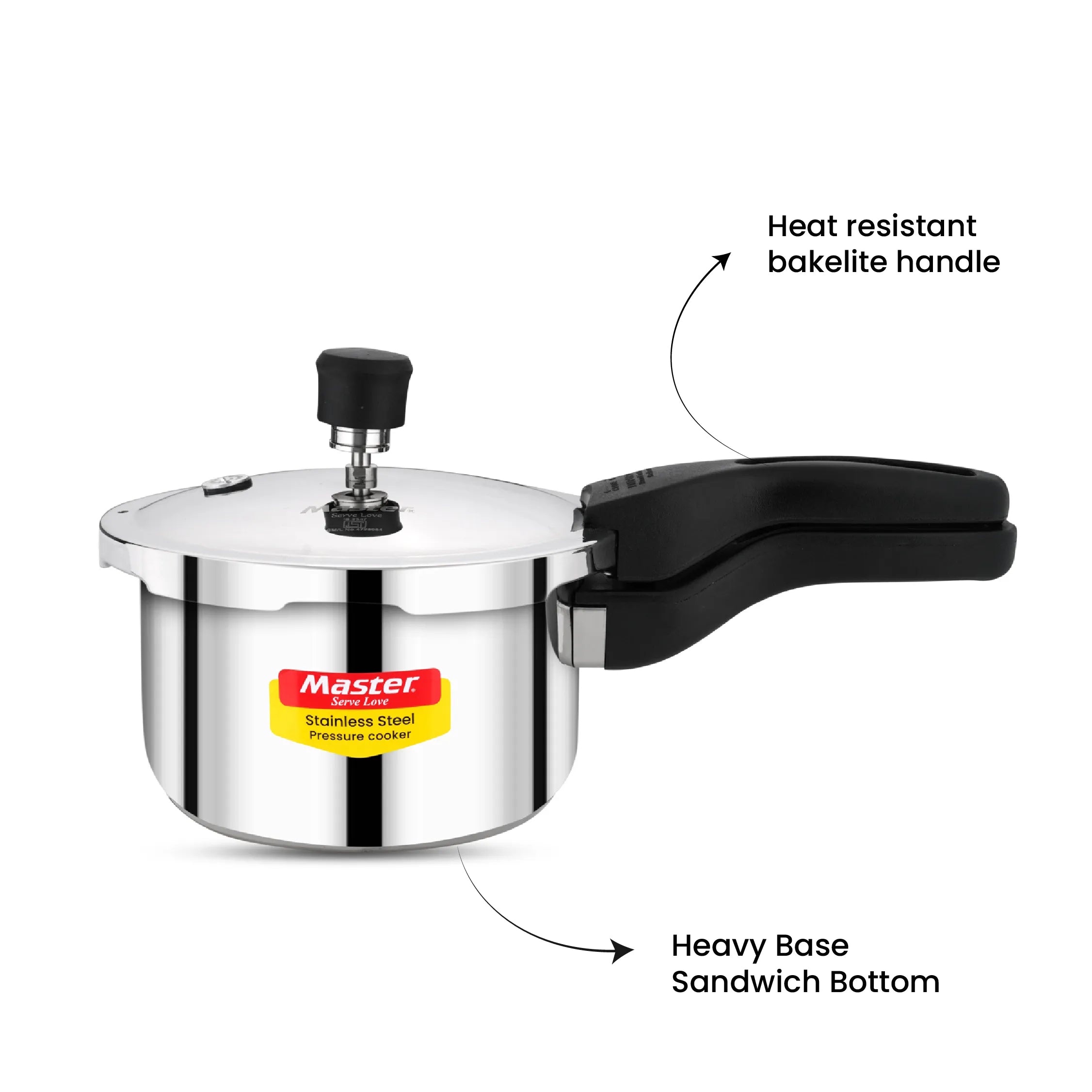 Amora 2L Stainless Steel Flat Outer Lid Pressure Cooker - Induction Base - Master