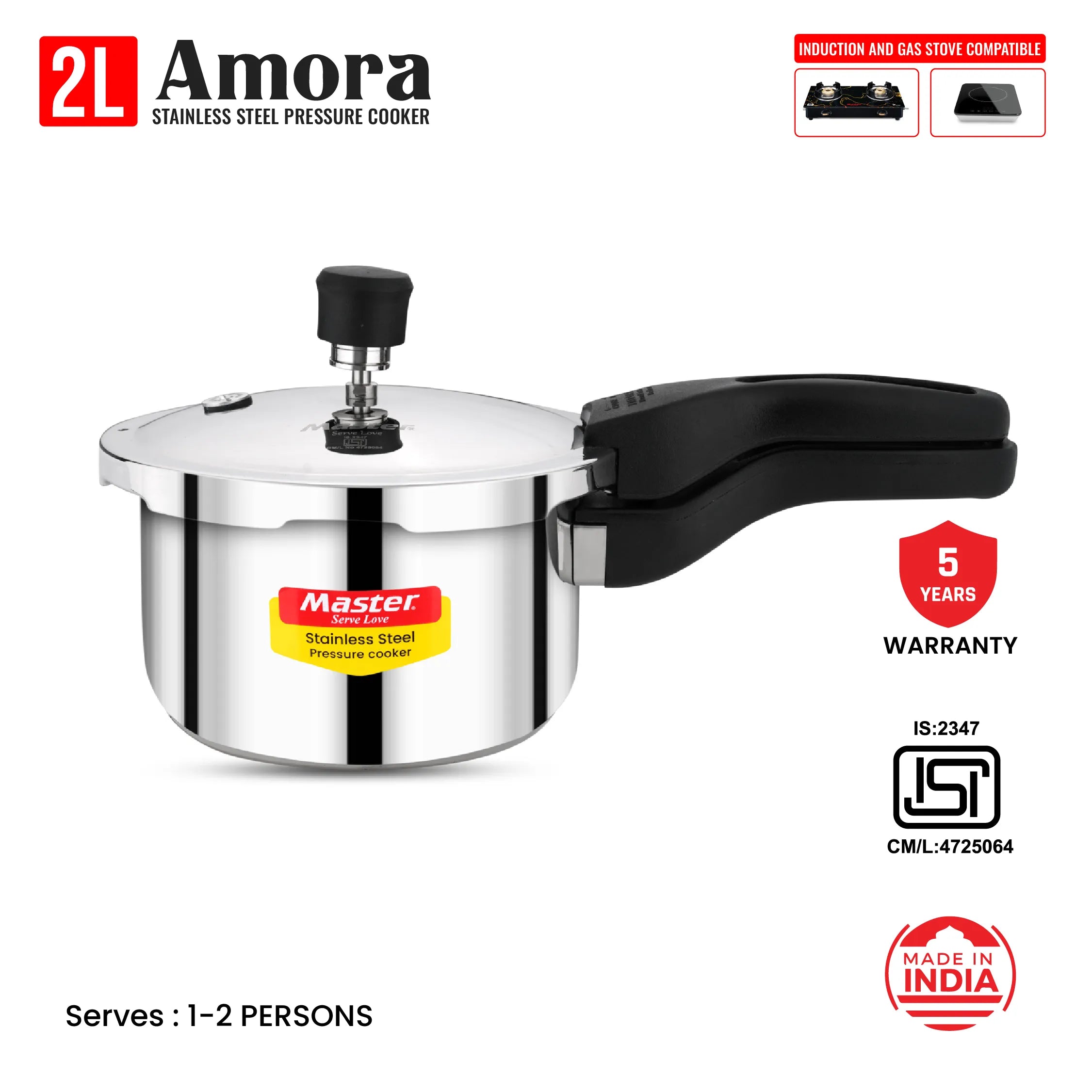 Amora 2L Stainless Steel Flat Outer Lid Pressure Cooker - Induction Base - Master