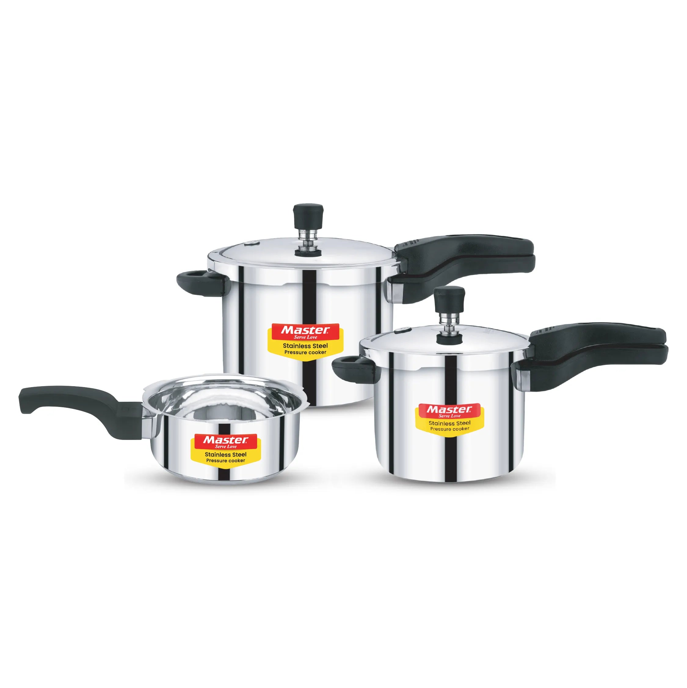 Amora 5L+3L+2L Stainless Steel Flat Outer Lid Pressure Cooker Combo - Induction Base - Master