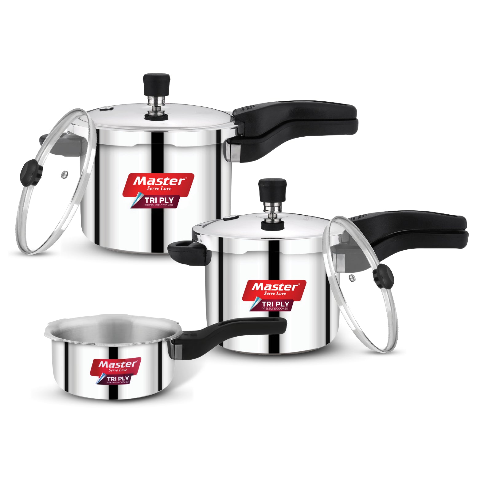 Nova 5L+3L+2L Tri Ply Flat Outer Lid Pressure Cooker Combo - Induction Base