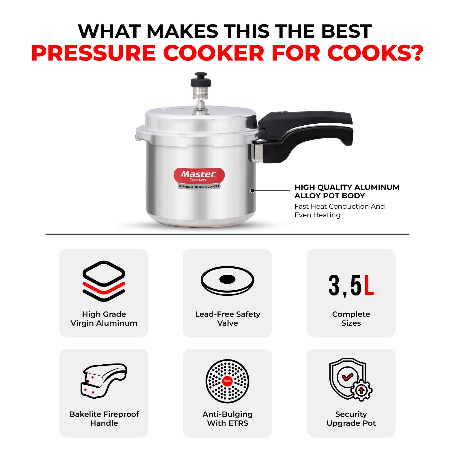 Popular 3L Aluminium Outer Lid Pressure Cooker - Induction Base - Master