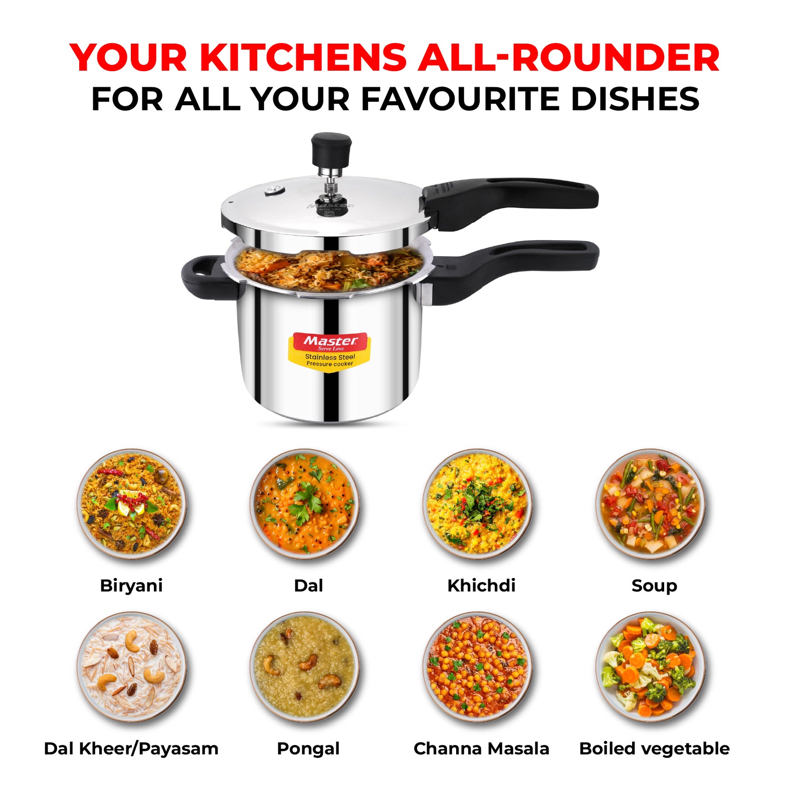 Amora 3L Stainless Steel Flat Outer Lid Pressure Cooker - Induction Base - Master