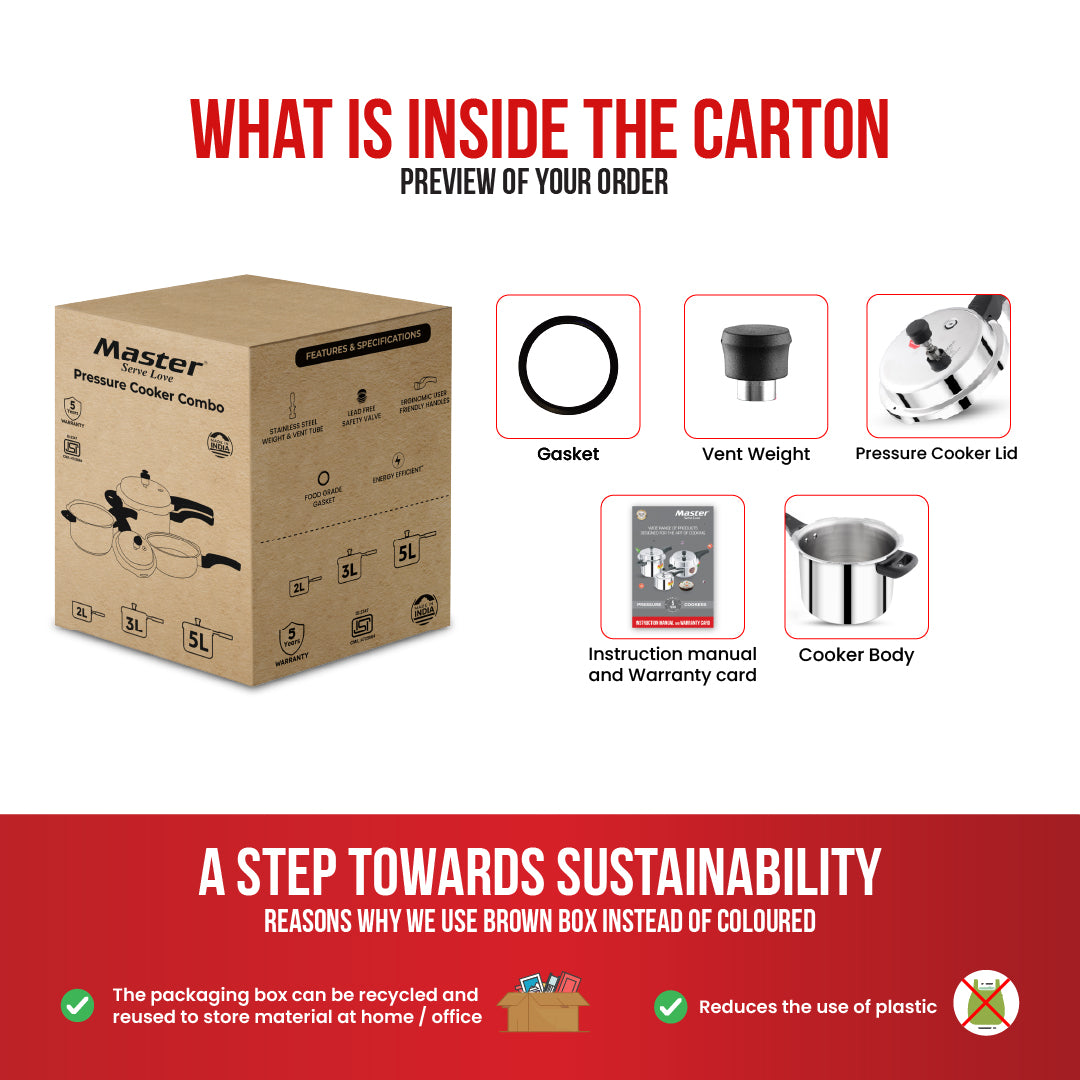 Triplica 3L+2L Tri Ply Outer Lid Pressure Cooker Combo - Induction Base - Master