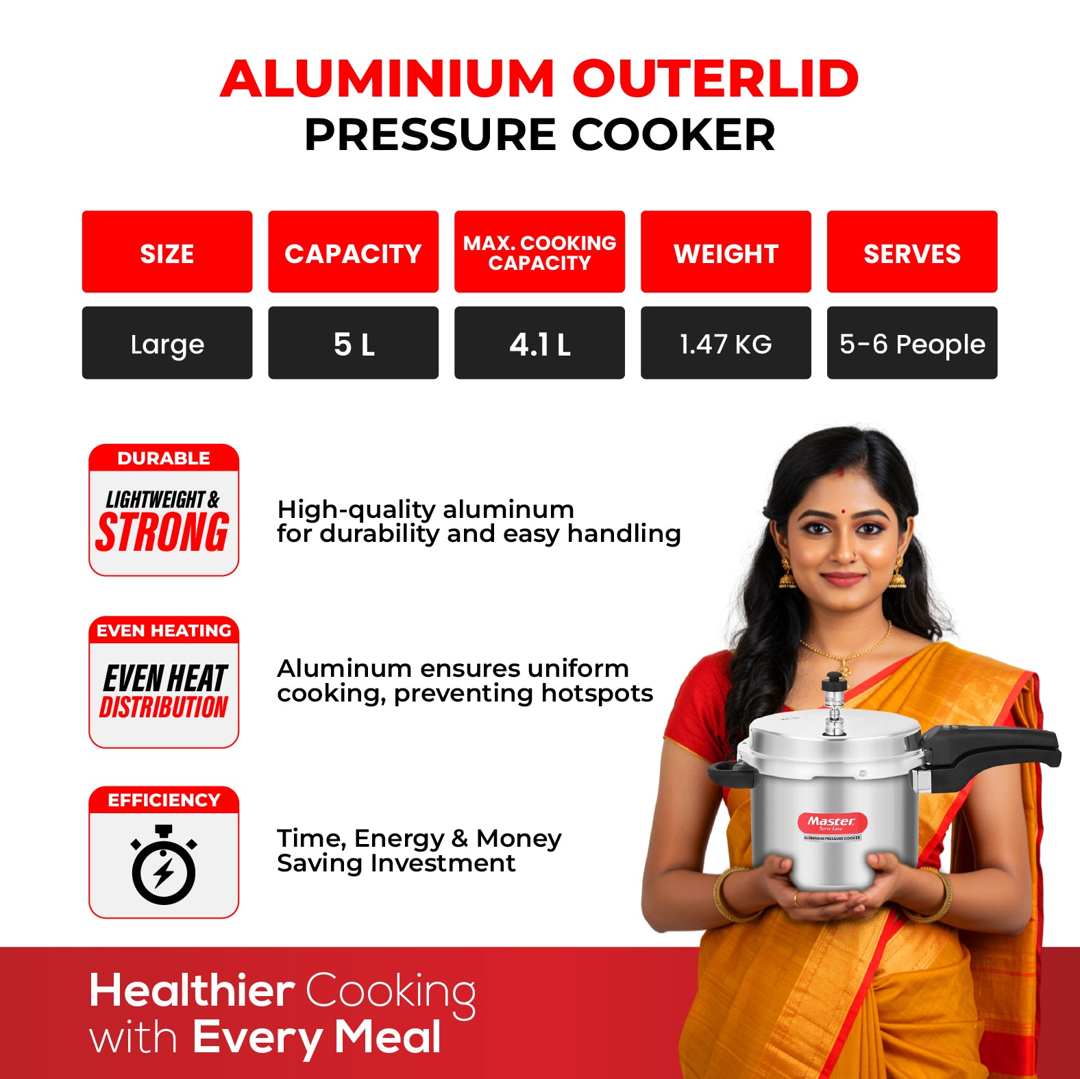 Popular 5L Aluminium Outer Lid Pressure Cooker - Induction Base - Master
