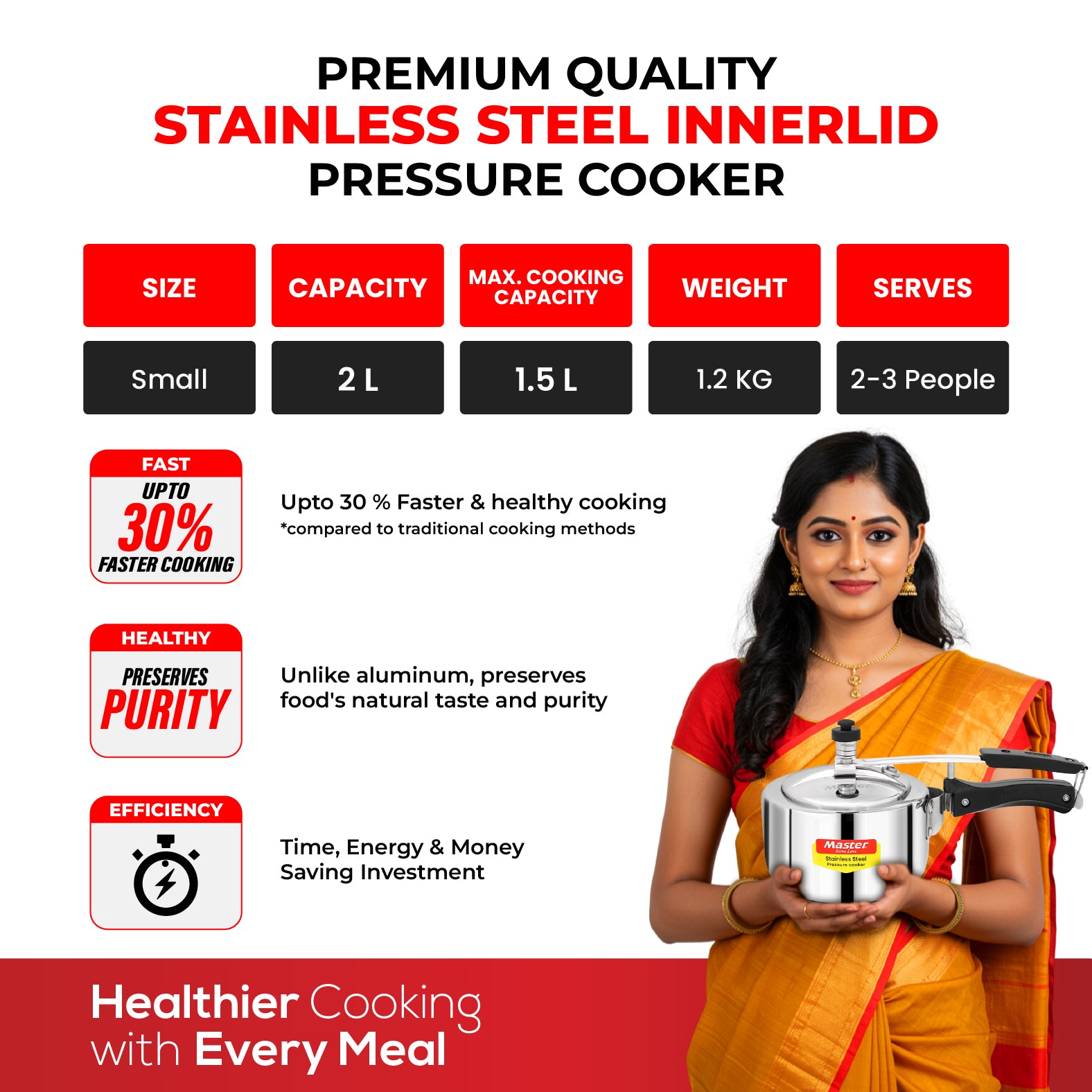Gloria 2L Stainless Steel Inner Lid Pressure Cooker - Induction Base