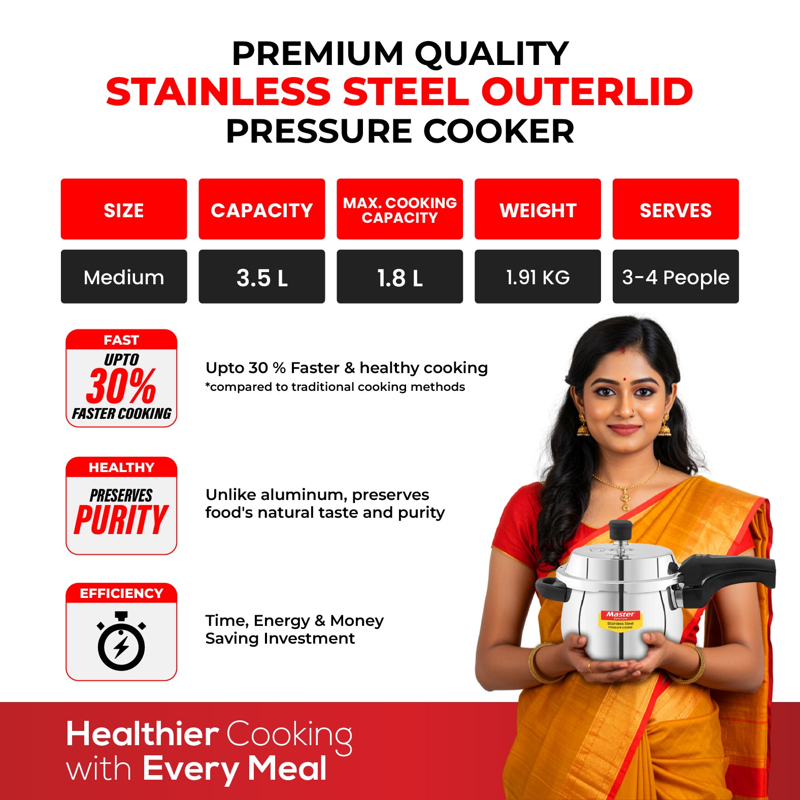 Nexa 3.5L Stainless Steel Outer Lid Handi Pressure Cooker - Induction Base