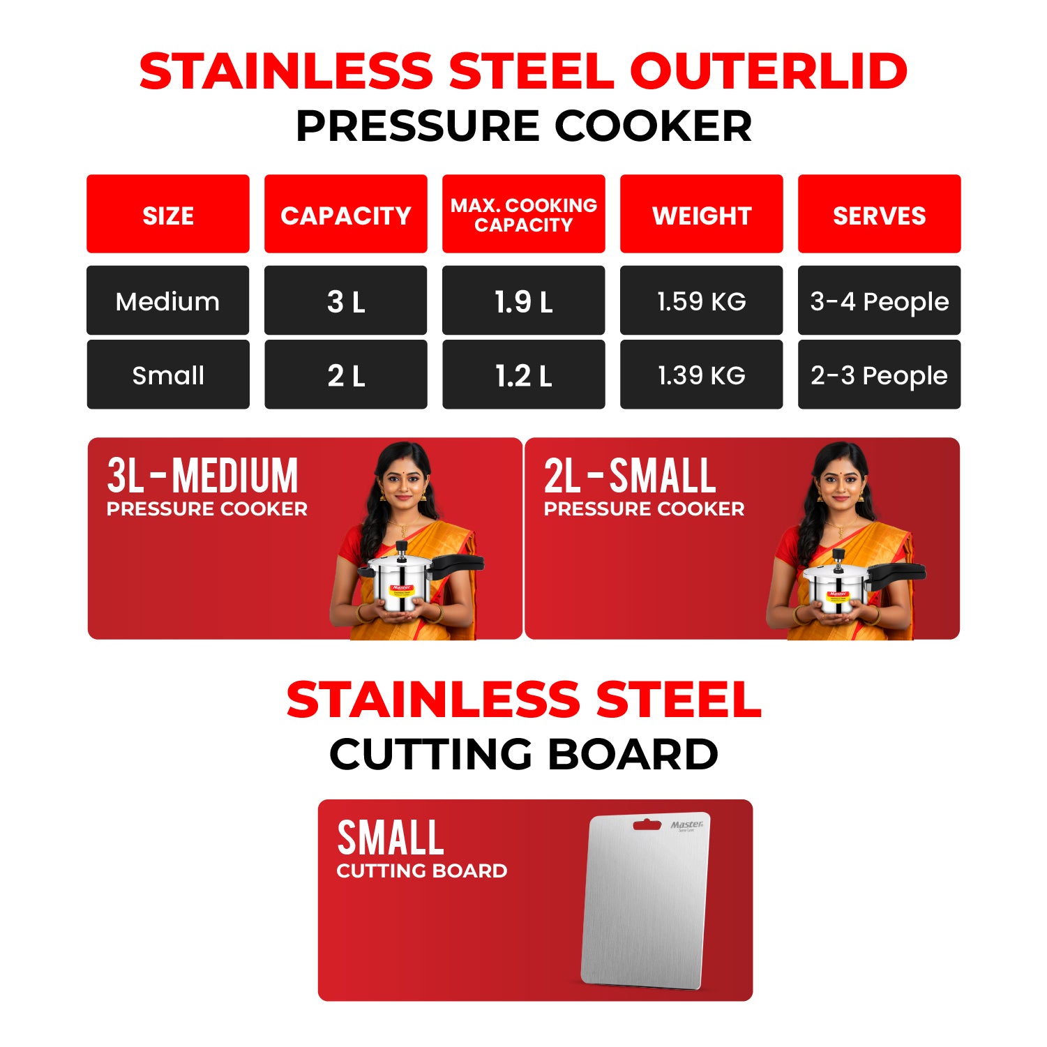 Amora 2L + 3L Stainless Steel Outer Lid Pressure Cooker (IB) + Slice SS Chopping Board (Small)