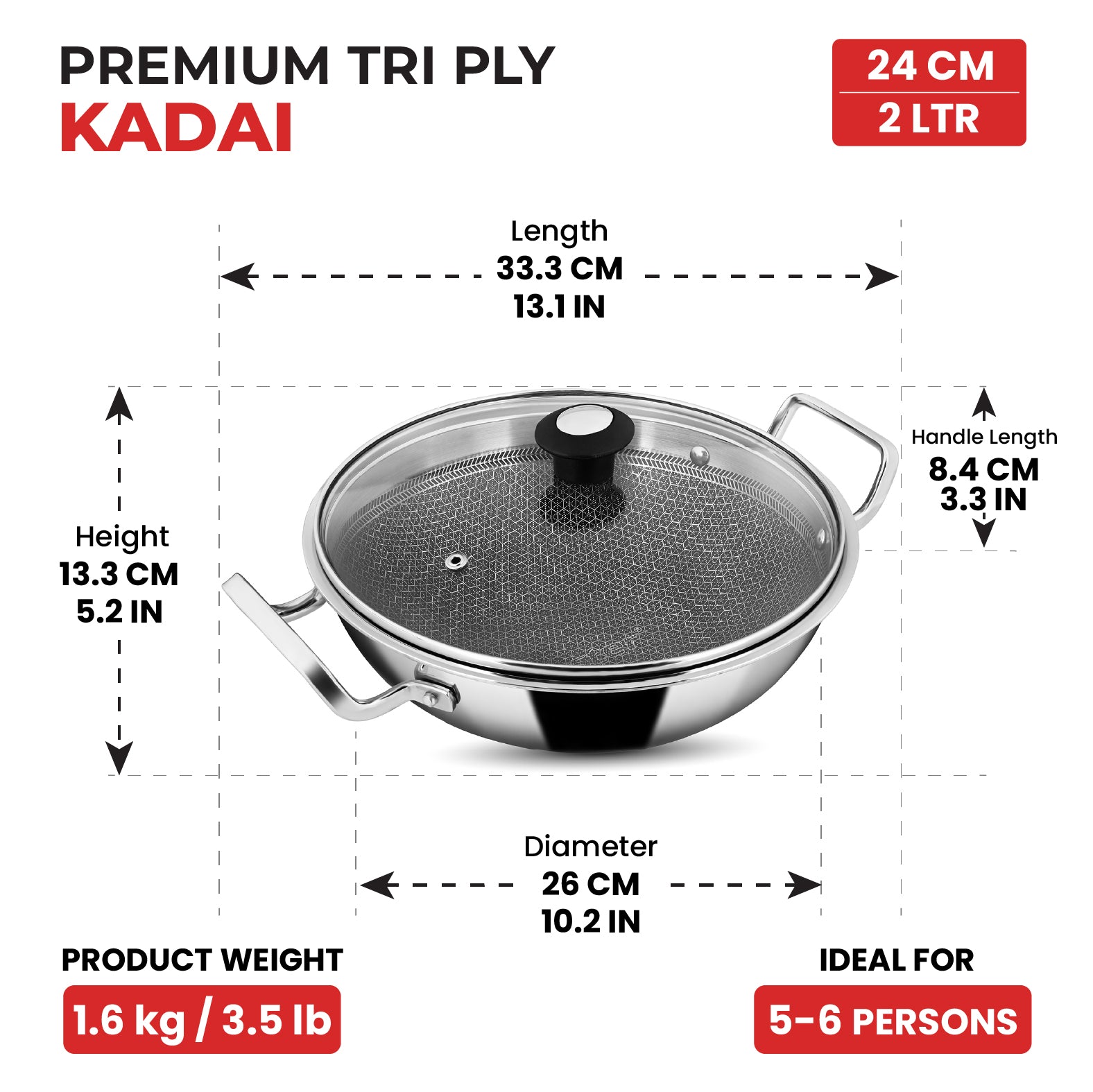 Titan Pro 24cm Kadai with Glass Lid