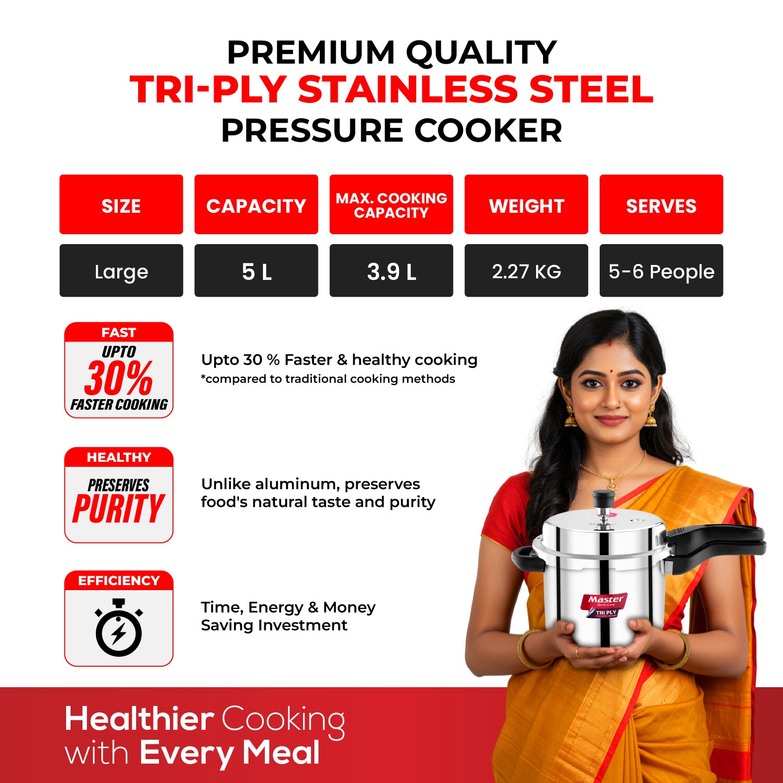 Trinamo 5L Outer Lid Tri Ply Pressure Cooker - Induction Base