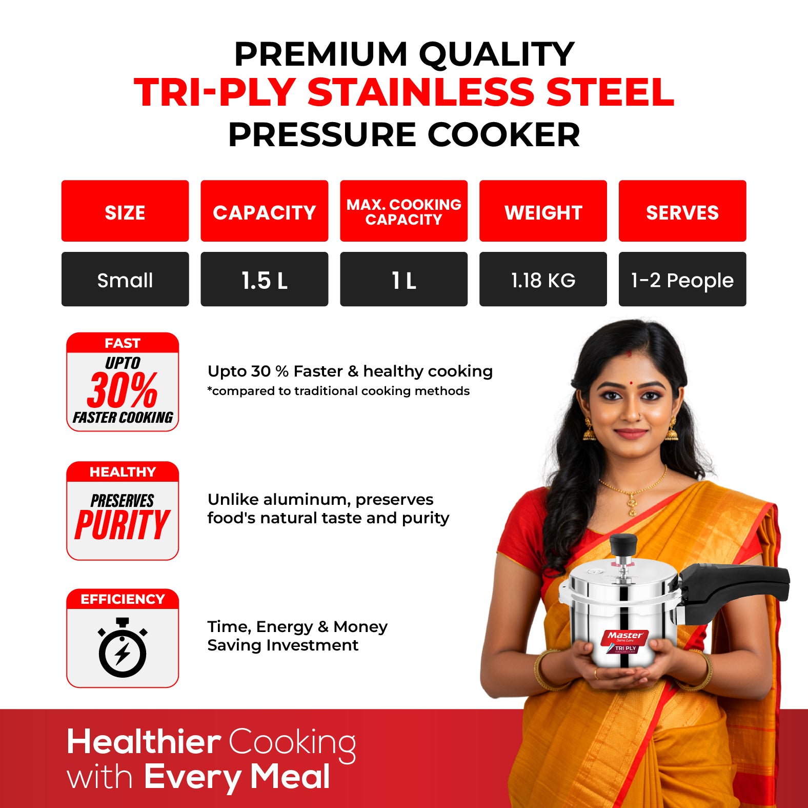 Trinamo 1.5L Outer Lid Tri Ply Pressure Cooker - Induction Base