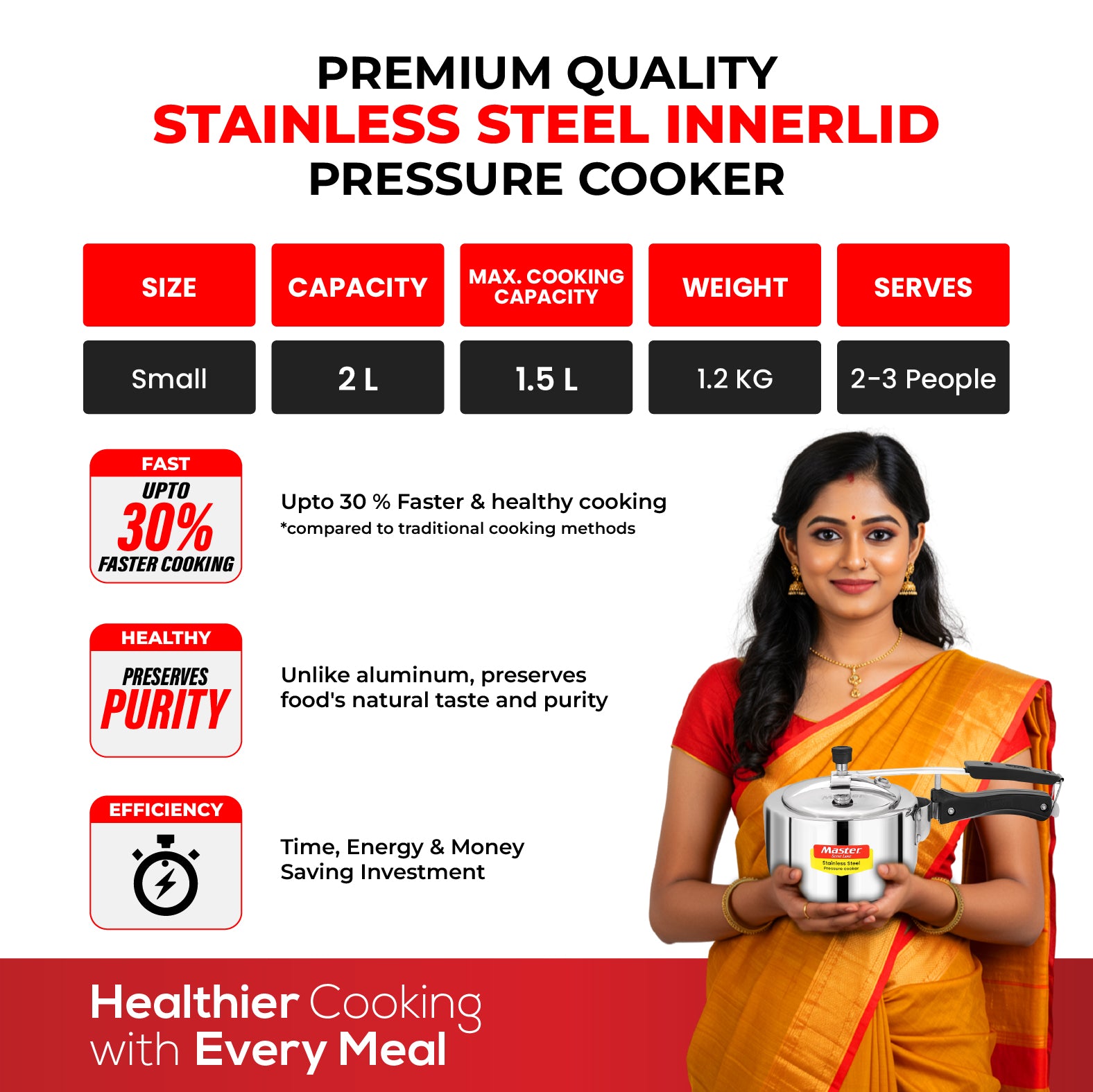 Gloria 2L Stainless Steel Inner Lid Pressure Cooker - Induction Base