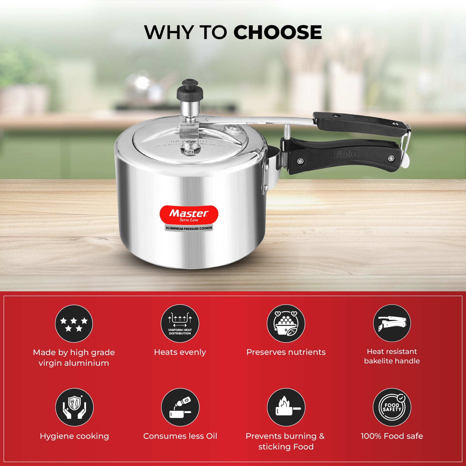 Secura 3L Aluminium Inner Lid Pressure Cooker - Induction Base - Master