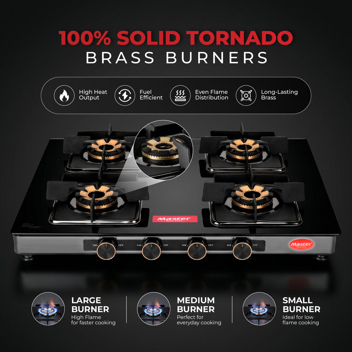 Zenova Premium Glass Top LPG Gas Stove with Jumbo Burner – 4 Burner
