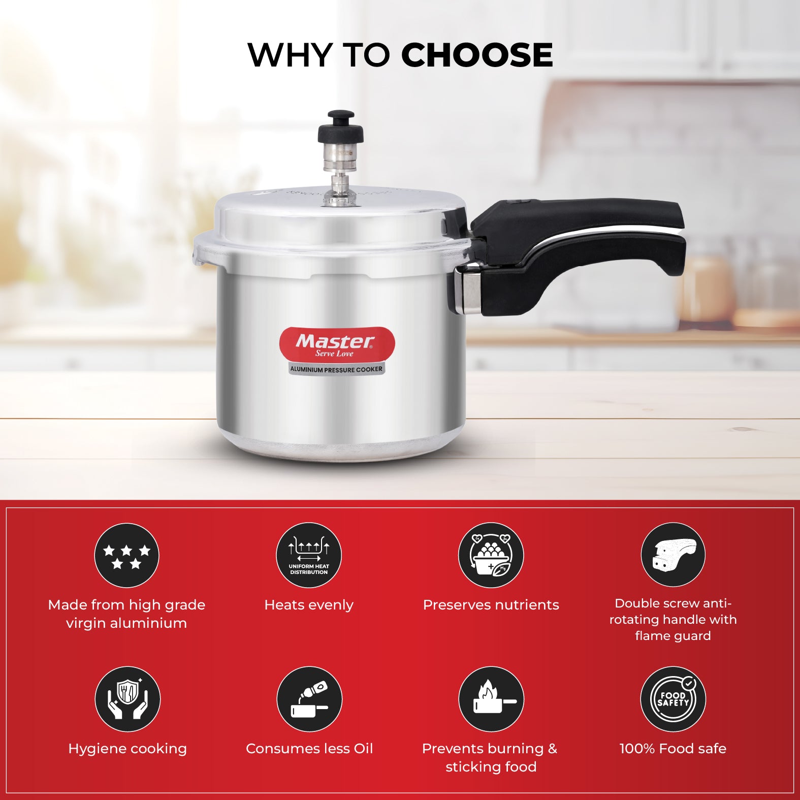 Popular 3L Aluminium Outer Lid Pressure Cooker - Induction Base - Master