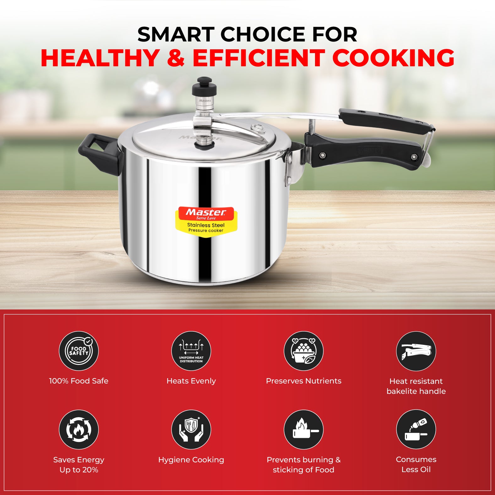 Gloria 5L Stainless Steel Inner Lid Pressure Cooker - Induction Base - Master