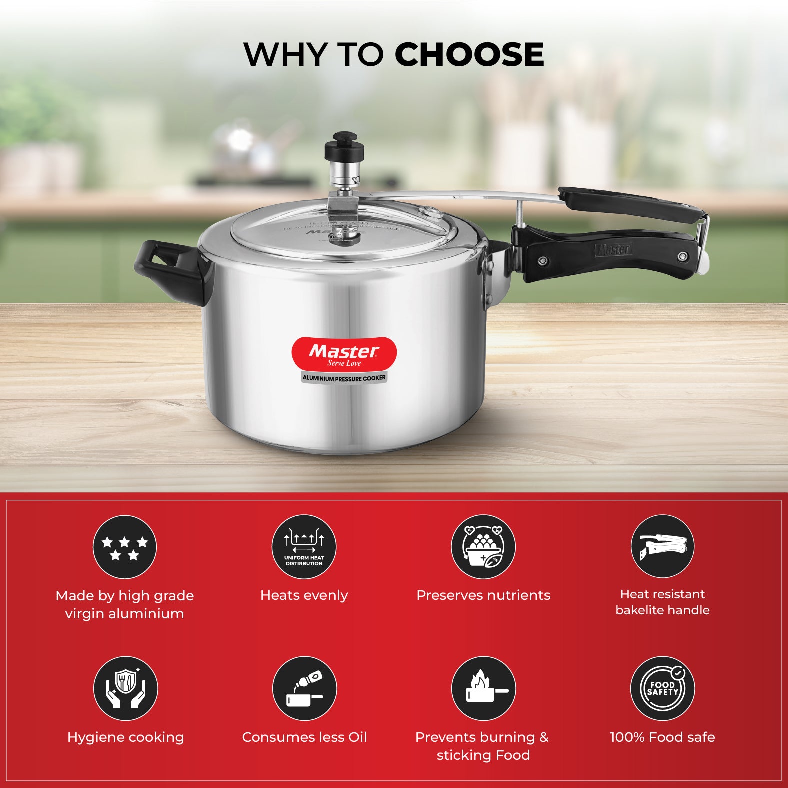 Secura 5L Aluminium Inner Lid Pressure Cooker - Induction Base - Master