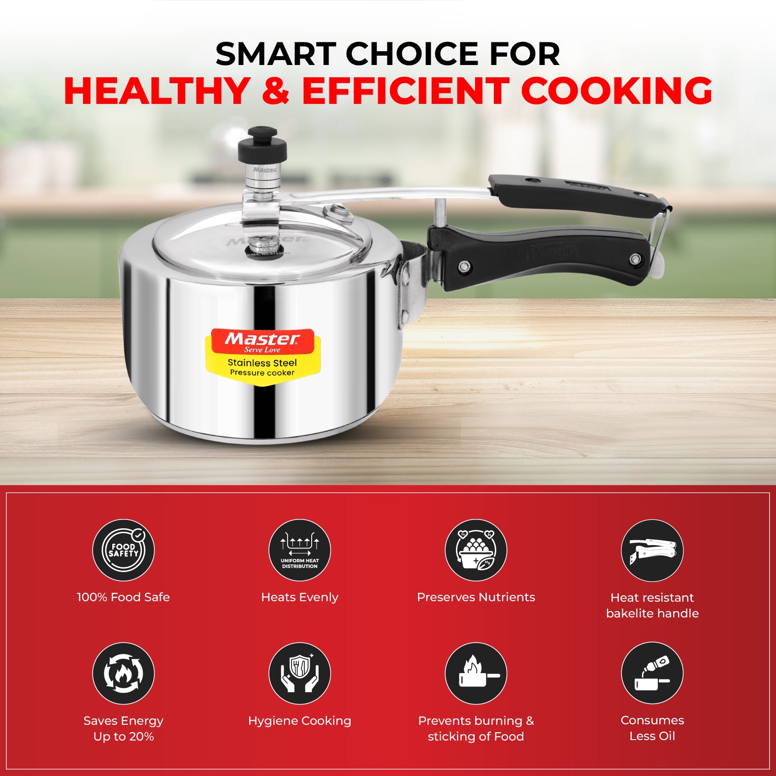Gloria 2L Stainless Steel Inner Lid Pressure Cooker - Induction Base - Master