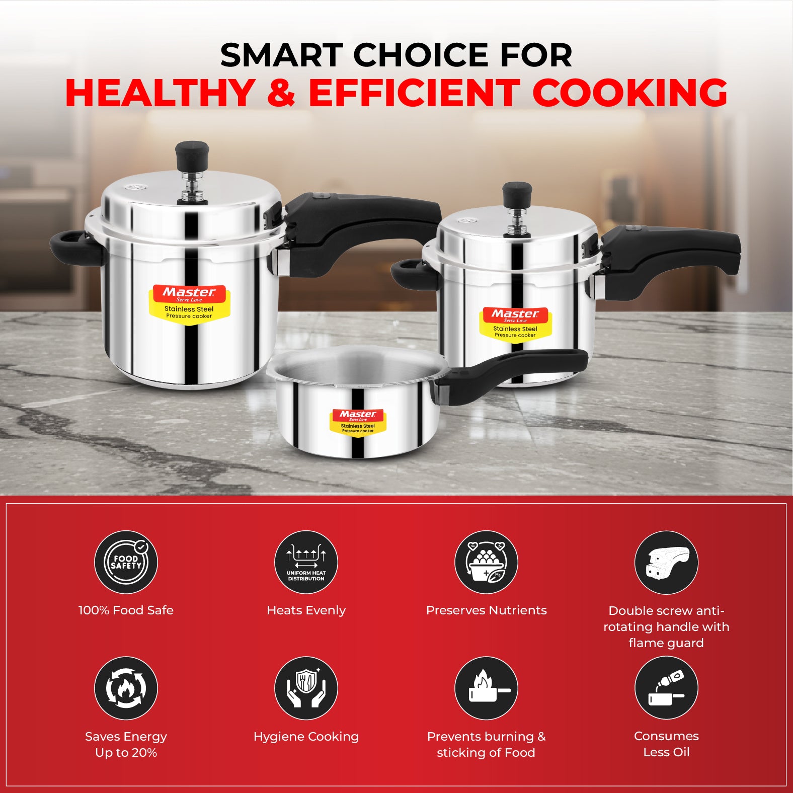 Magnum Stainless Steel Outer Lid Pressure Cooker Combo - 5L + 3L + 2L Pan - Induction Base - Master