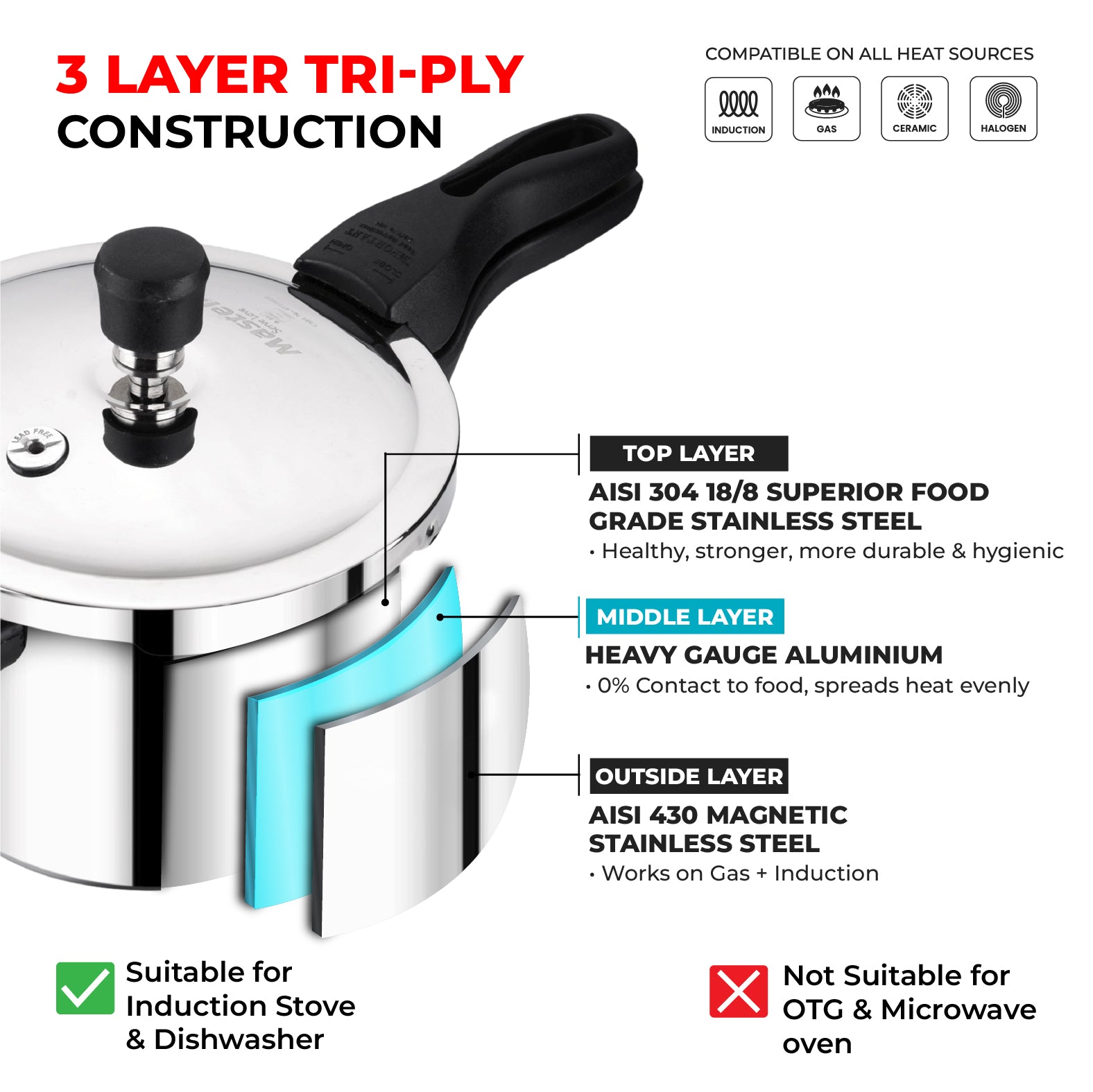 Nova 3L Tri Ply Flat Outer Lid Pressure Cooker - Induction Base - Master