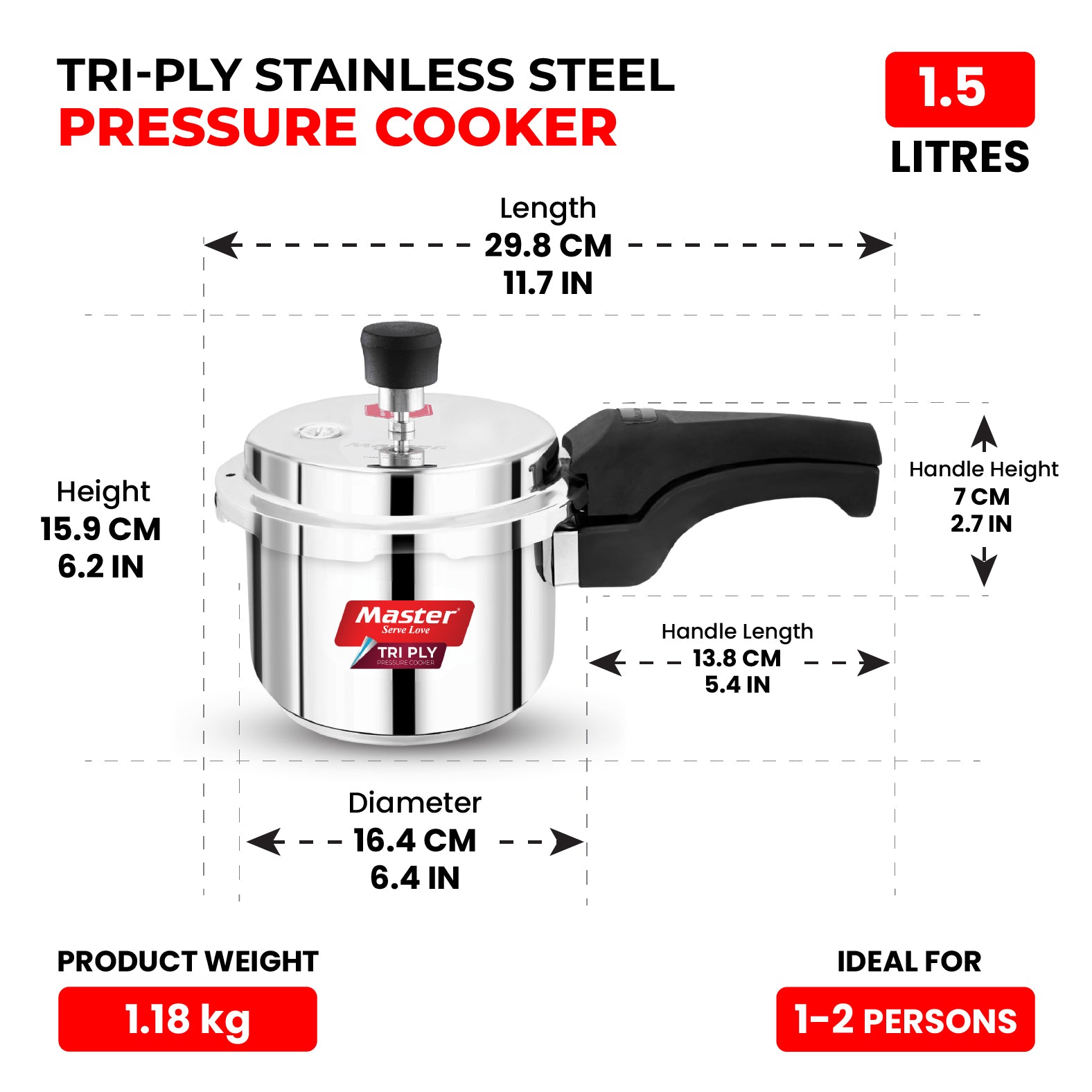 Trinamo 1.5L Outer Lid Tri Ply Pressure Cooker - Induction Base - Master