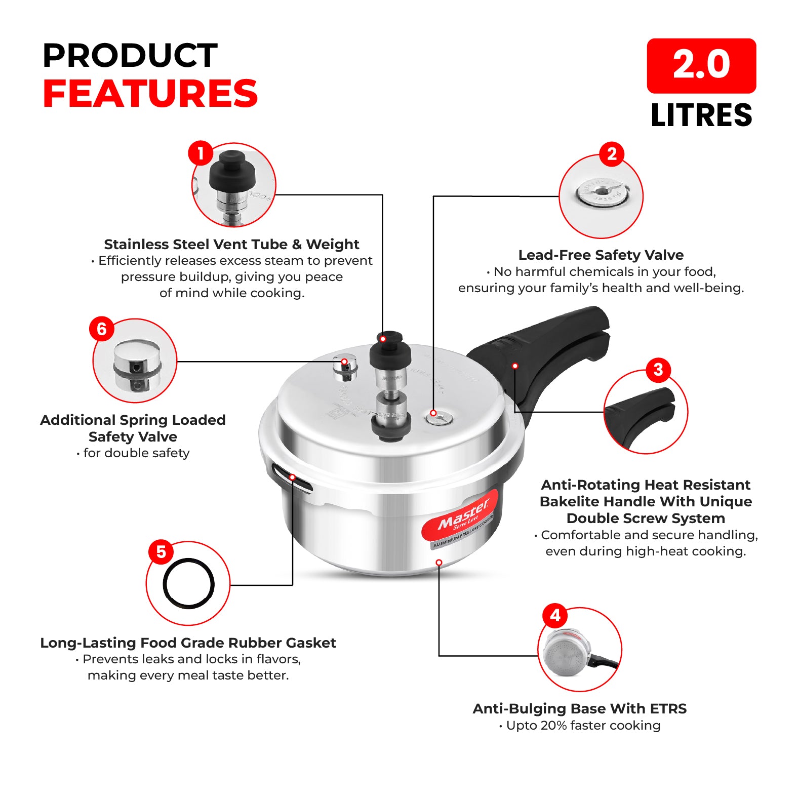 Deluxe 2L Aluminium Outer Lid - Heavy-Premium Pressure Cooker - Master